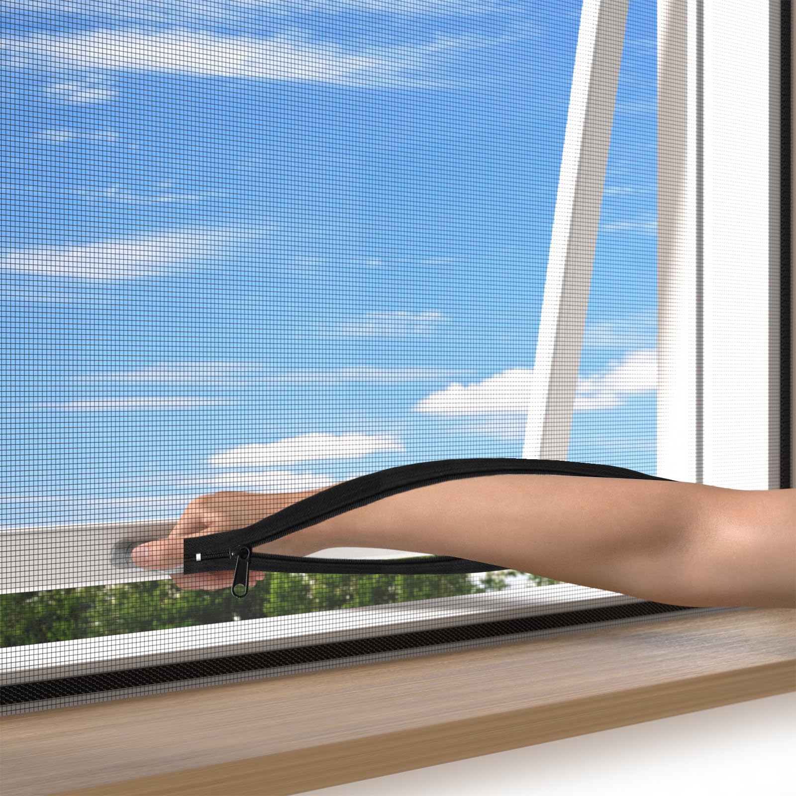 BKSAI Window Fly Screen with Double Zip Opening, Easy to Open & Close Window, Tear-Resistant Fiberglass Mosquito Window Net, Cuttable, Self-Adhesive Window Screen Mesh (Black, 130 * 150CM)