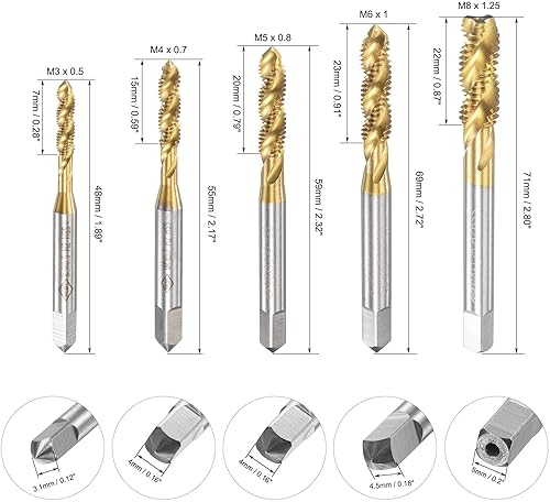 Miniatura 2 de uxcell Juego de grifos de flauta espiral M3 M4 M5 M6 M8 Juego de roscas de máquina de acero de alta velocidad con revestimiento de titanio, roscas