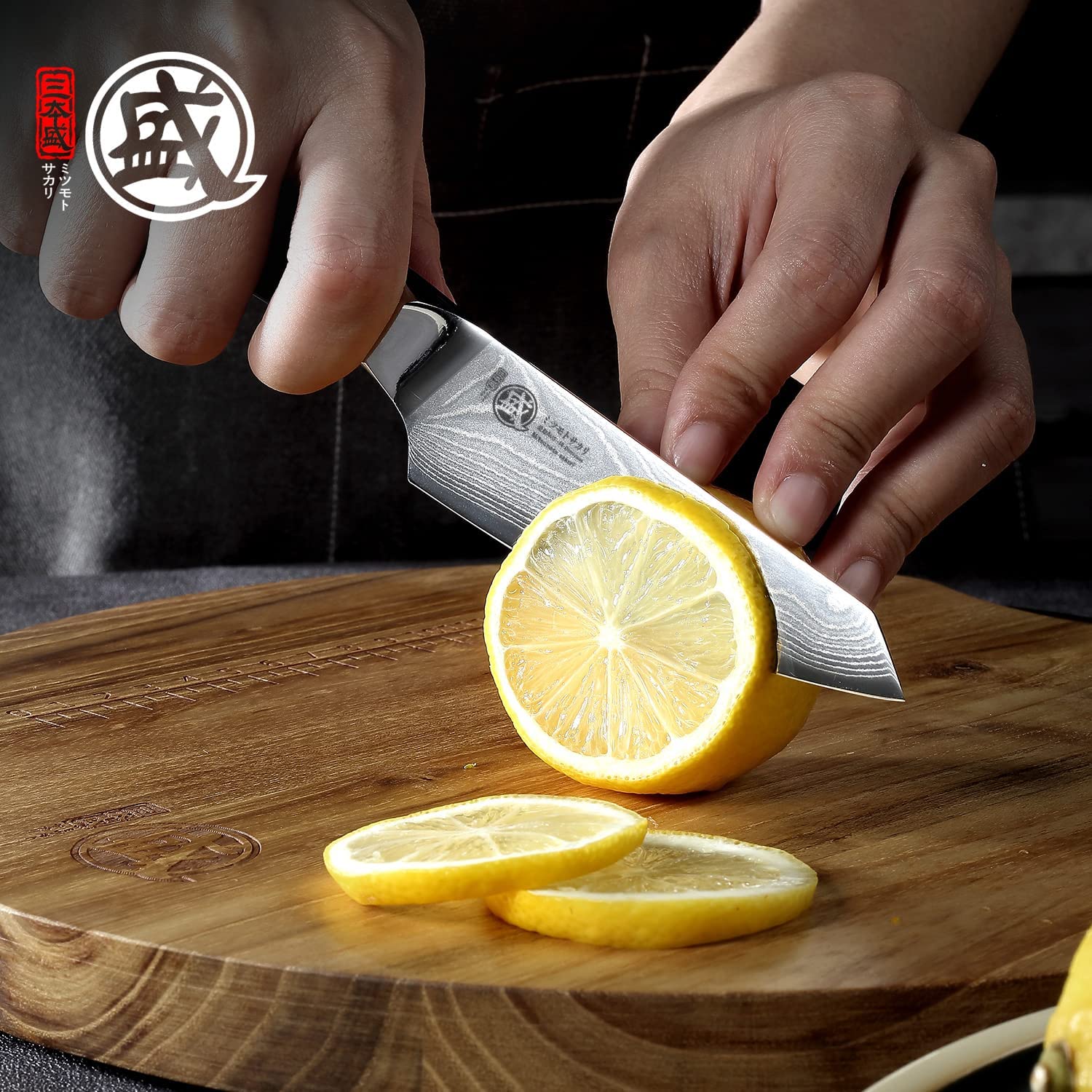 MITSUMOTO SAKARI 10 cm Cuchillo Japonés Pequeños, Cuchillo Aus-10 Full Tang | Cuchillos Cocina Profesional Fruta de Damasco, Cuchillo Mondador Forjado a Mano, Mango de Madera Pakka, Caja de Regalo