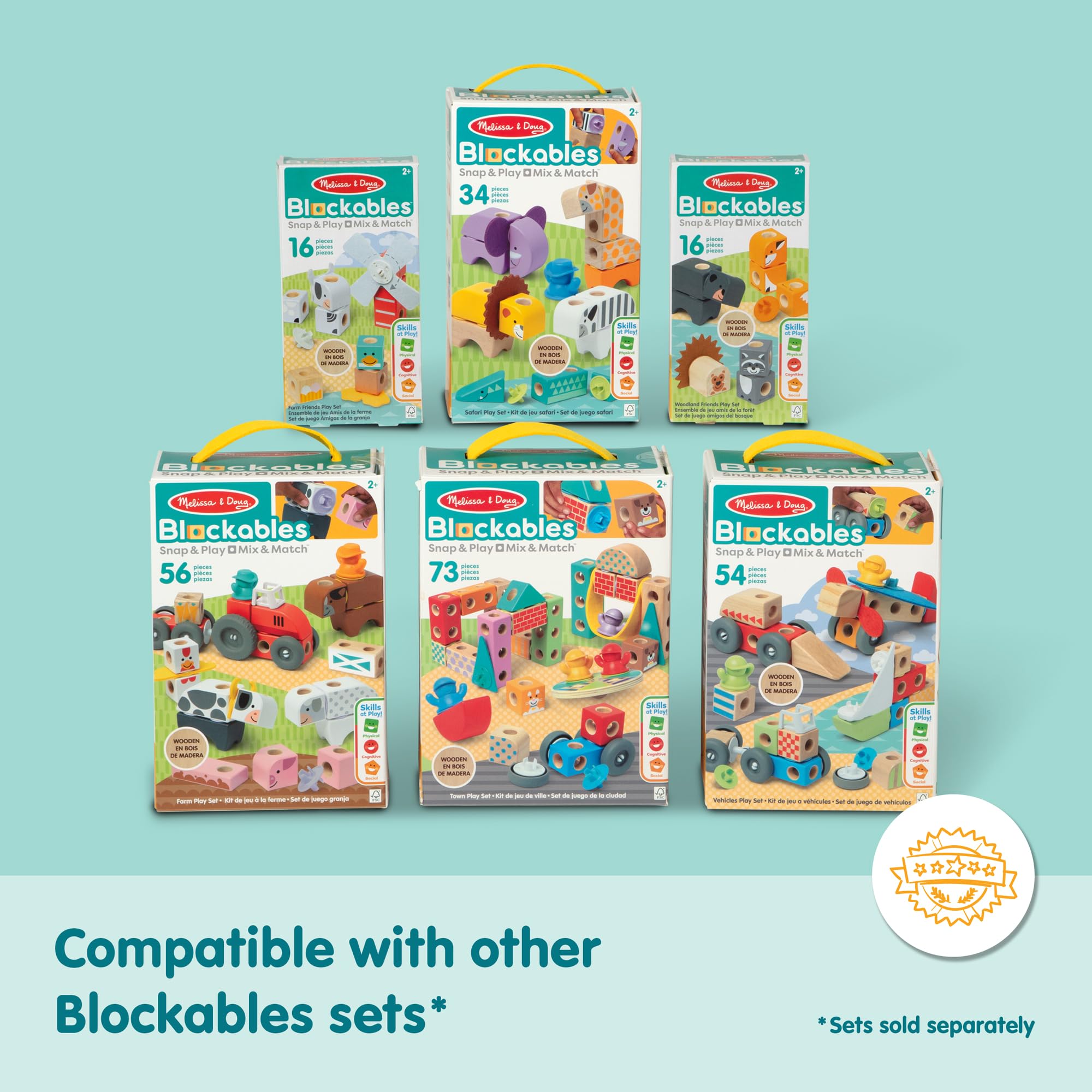 Melissa & Doug Blokowane do gniazda, miasto, drewniane klocki do montażu i mieszania, dla małych dzieci (73 sztuki)