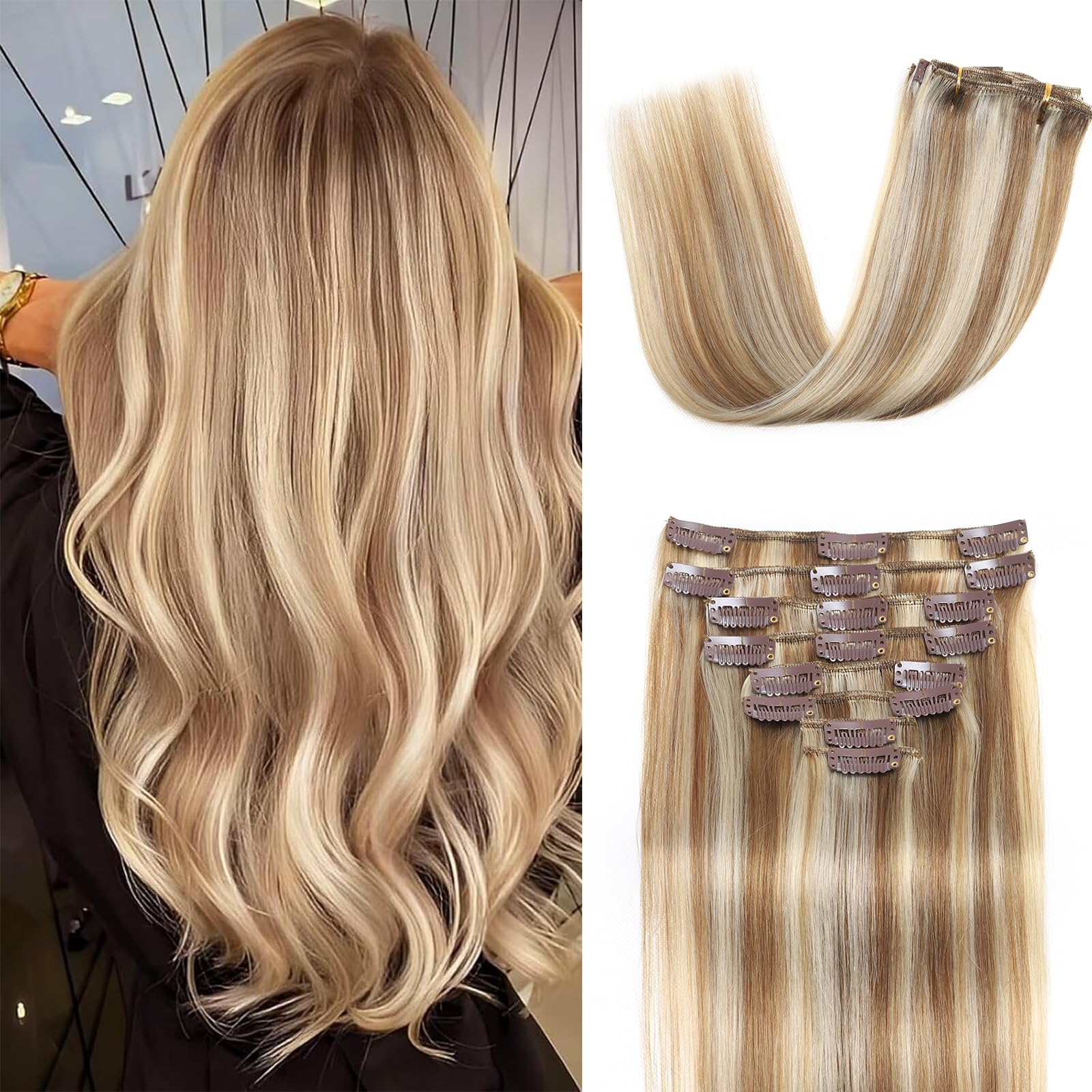 Clip in Hair Extensions Real Human Hair Clip in Extensions for Women Seamless Balayage Light Blonde to Golden Blonde Straight Remy 100% Human Clips ins Extension 8pcs Double Weft 22 inch 4oz/110g