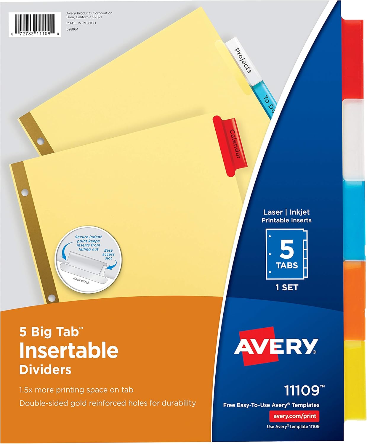 Avery 5-Tab Binder Dividers, Insertable Multicolor Big Tabs, 1 Set (11109)