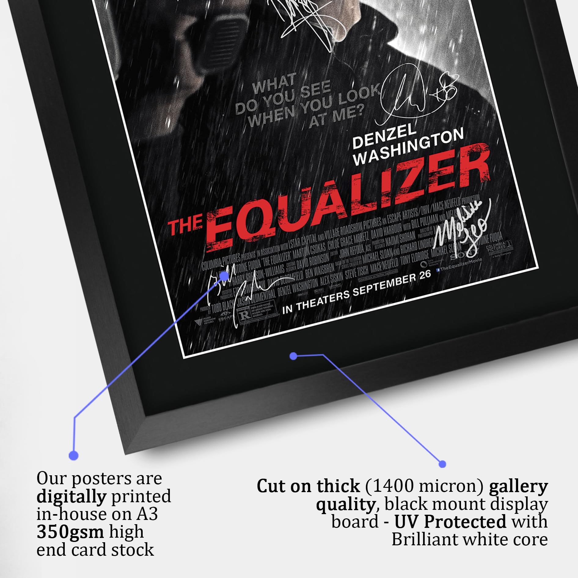 HWC Trading The Equalizer 1 Denzel Washington Geschenke Geduckter Poster Signiertes Autogramm Foto für Fans von Film Memorabilien - A3 Gerahmt