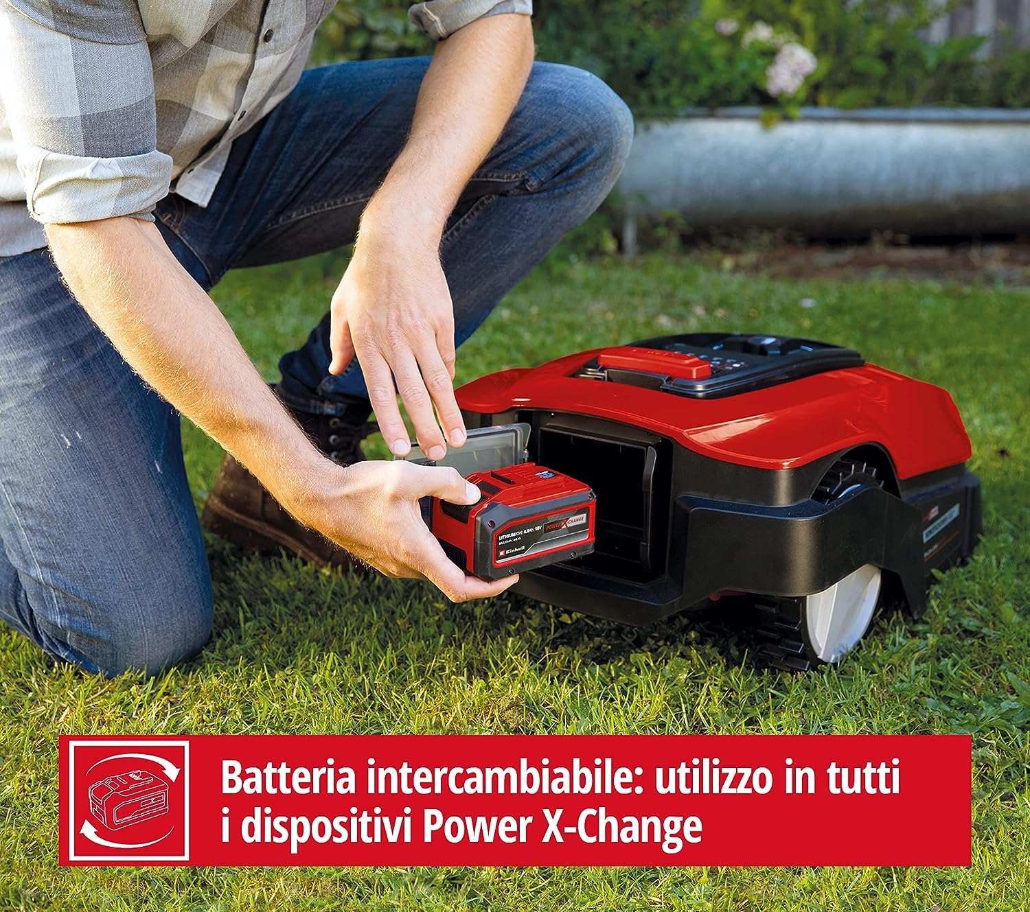 Einhell FREELEXO - Solo Robot Tagliaerba a batteria Power X-Change (18V, comandabile con APP, lama taglio 18 cm, pendenza massima 35%, senza batteria e caricabatteria, senza kit cavi perimetrale)