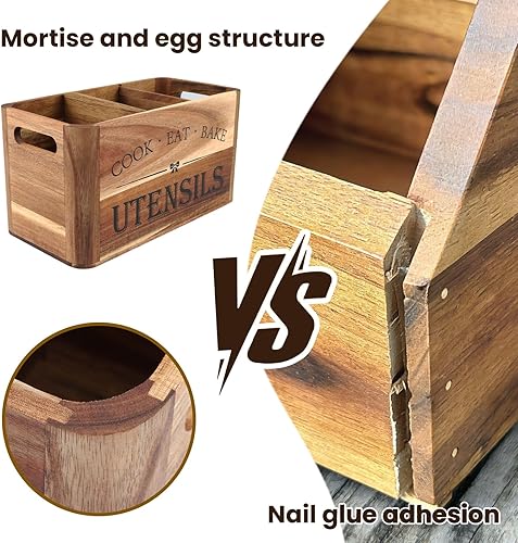 Miniatura 4 de Soporte para utensilios para encimera de cocina, organizador de madera extra grande de 3 compartimentos en madera de acacia, almacenamiento para