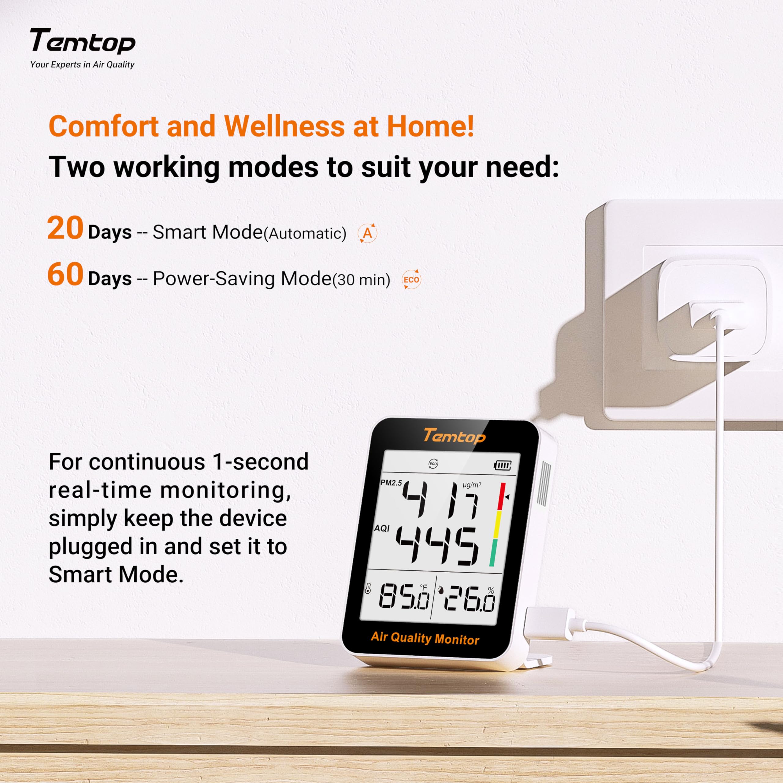 Temtop S1-UP Luftqualitätsmessgerät PM2.5 AQI Temperatur Feuchtigkeit 100 Tage Batterielaufzeit