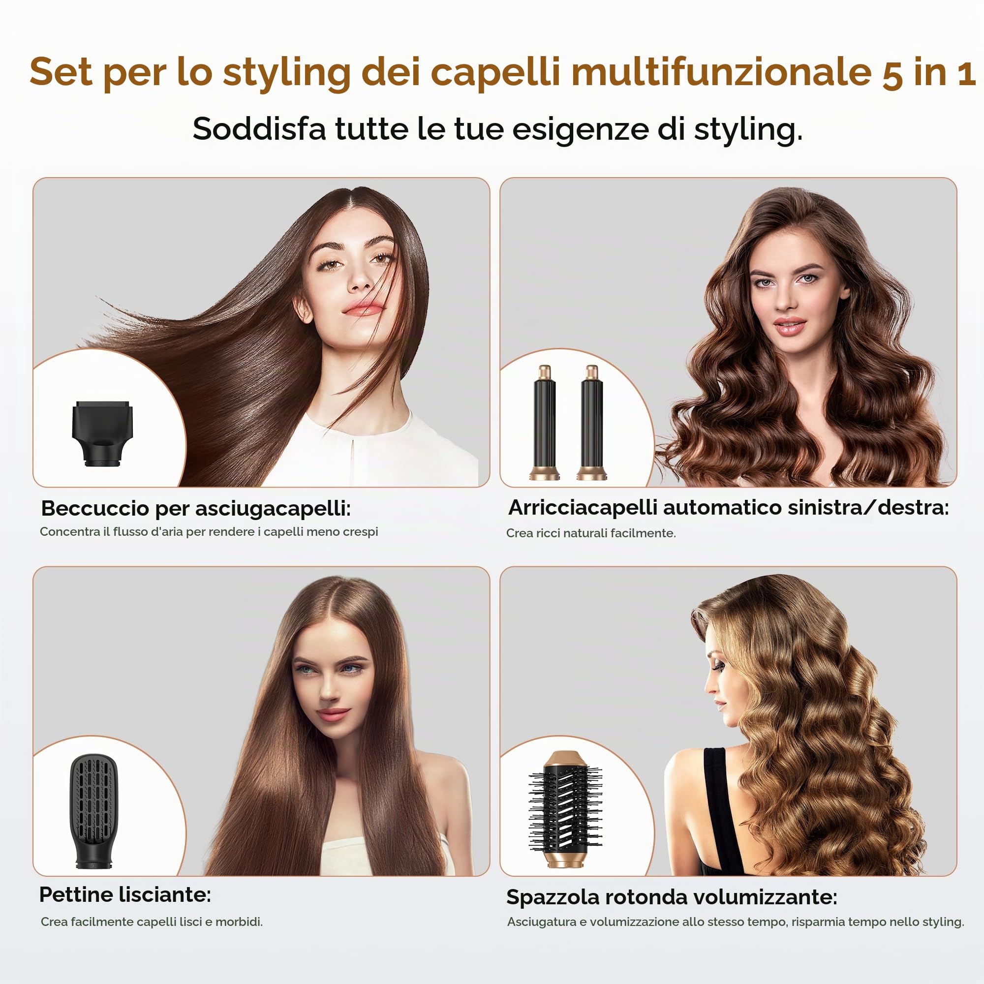 UKLISS Spazzola Asciugacapelli & Air Styler 5 in 1, Spazzola Ad Aria Calda 1000W Asciugatura Rapida Airstyler per Capelli Ricci, Volumizzante, Lisciante, Regali per Donne (Oro Nero)