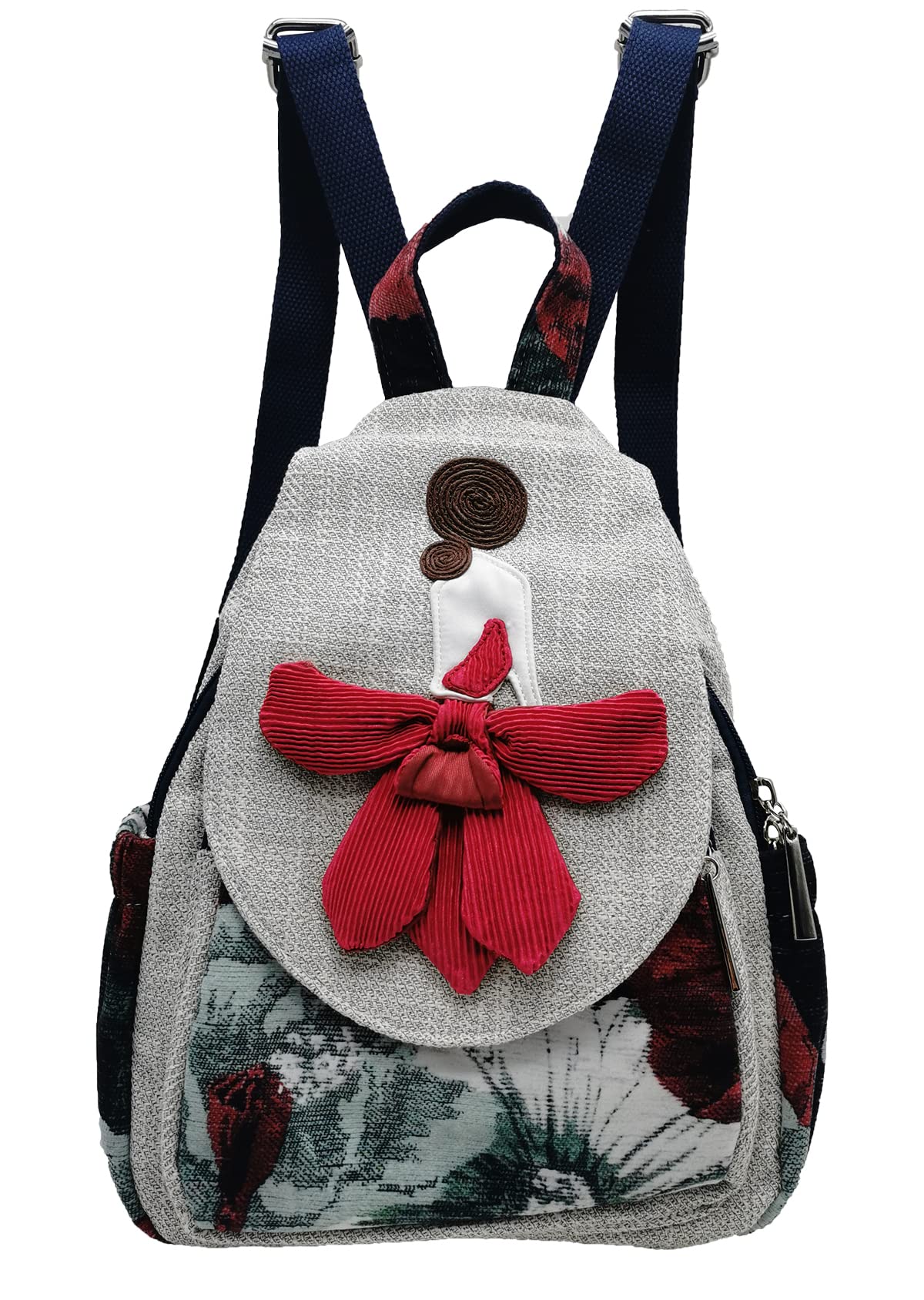 HUANGGUOSHU Women Cotton Woven Hippie Hemp Boho Canvas Embroidery Multi Pocket Retro Cute Backpack Wallet Backpack（Girl in red dress）
