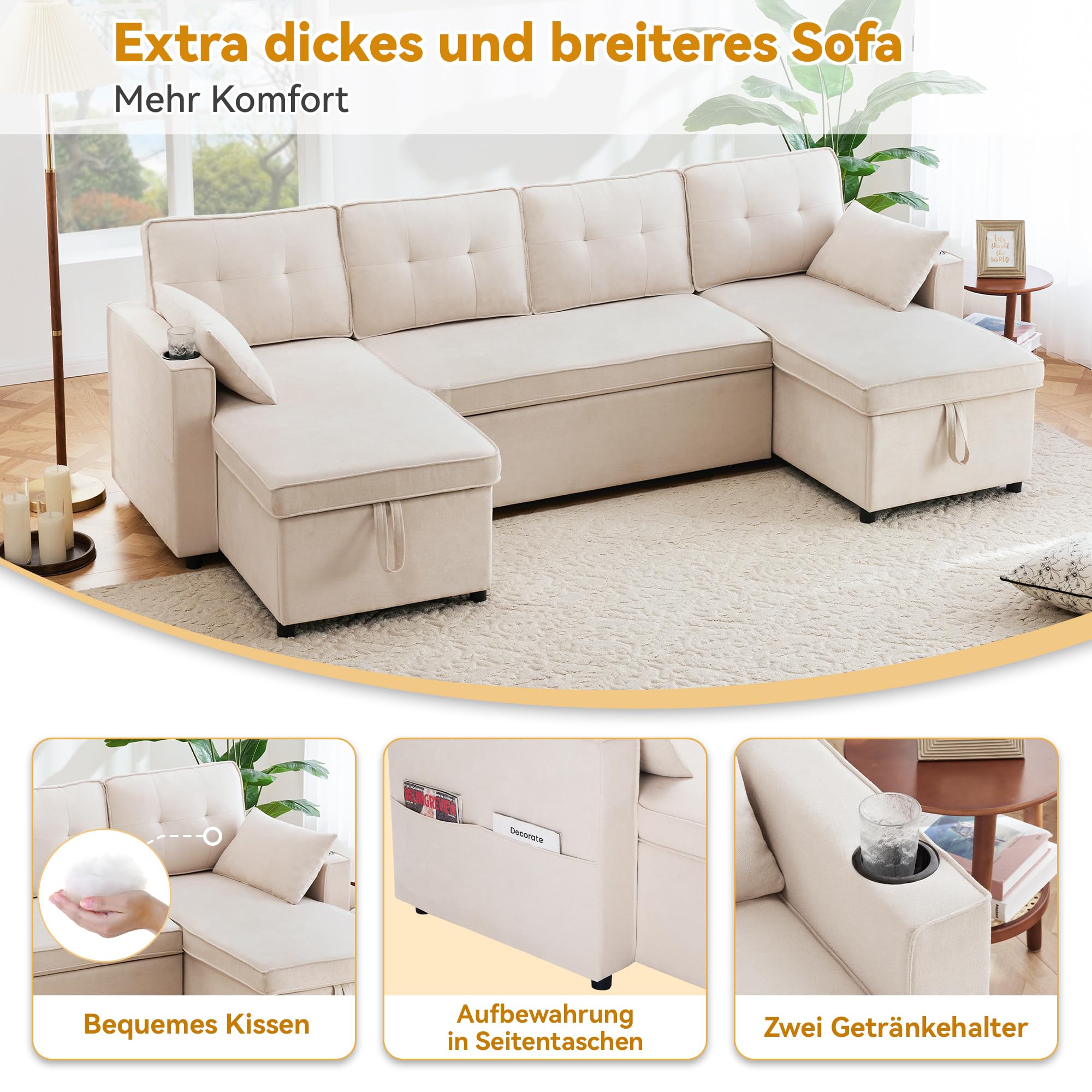 Bladez Divano letto a forma di L con portabevande intercambiabile Chaise Longue moderno soggiorno divano in lino di cotone (beige, 4 posti)