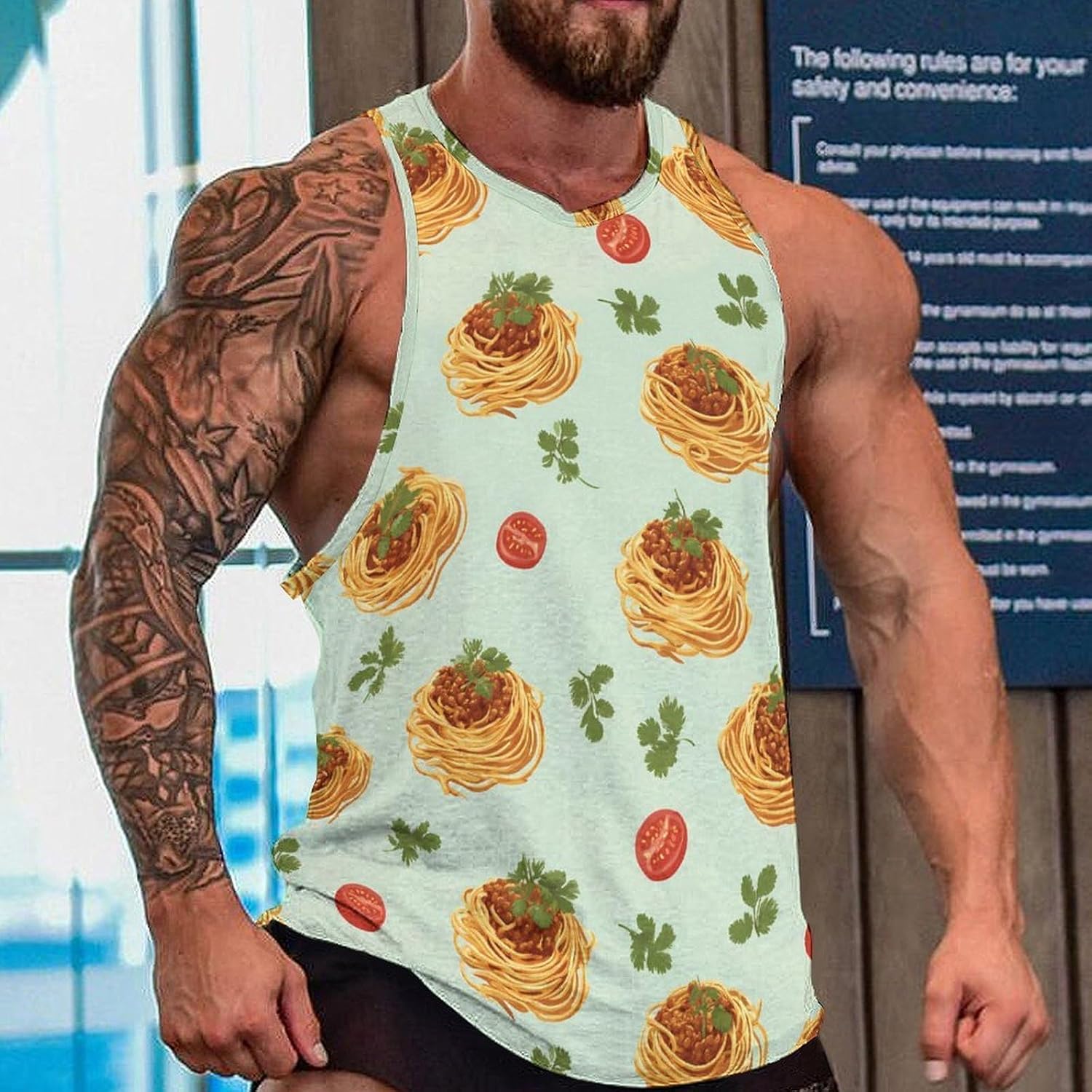 Spaghetti Pasta Noodles Men Tank Top Workout Shirt Muscle T Shirt 5XL
