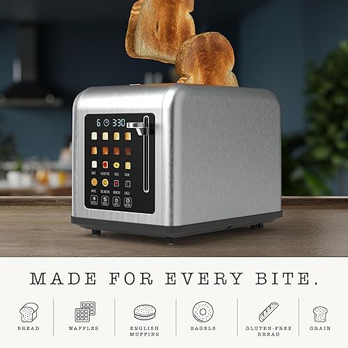 Miniatura 3 de Rae Dunn Tostadora, tostadora cuadrada de 2 rebanadas de acero inoxidable, ranura ancha con 6 niveles de tostado, con opciones de bagel,