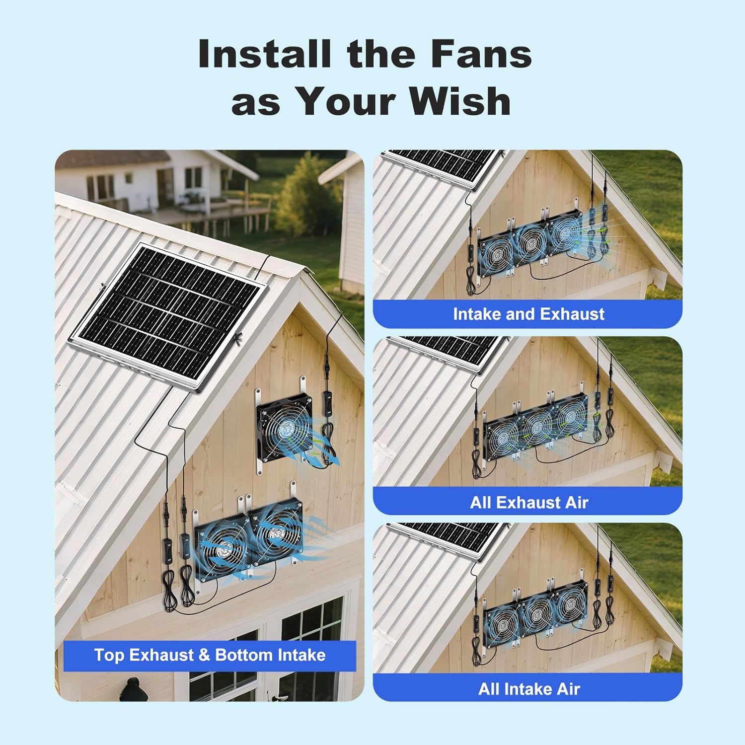 5.5" Solar Chicken Coop Fan 3 Kit, 30W Solar Powered Greenhouse Fan, Solar Exhaust & Intake Fans Outdoor Waterproof, for Outside Shed Doghouse Ventilation Air Circulation Cooling