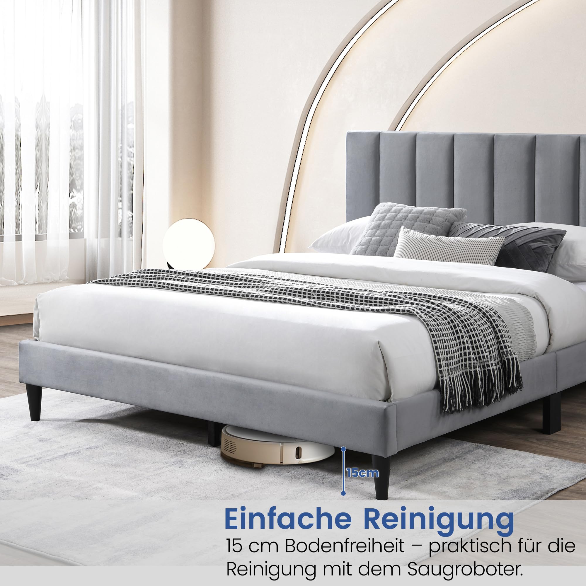 Home Collective Bed 160x200 en 160x200 cm gestoffeerd bed met lattenbodem, tweepersoonsbed met zachte fluwelen overtrek en gevoerd hoofdeinde, robuust frame, hoog ligcomfort, beige, 160x200 cm