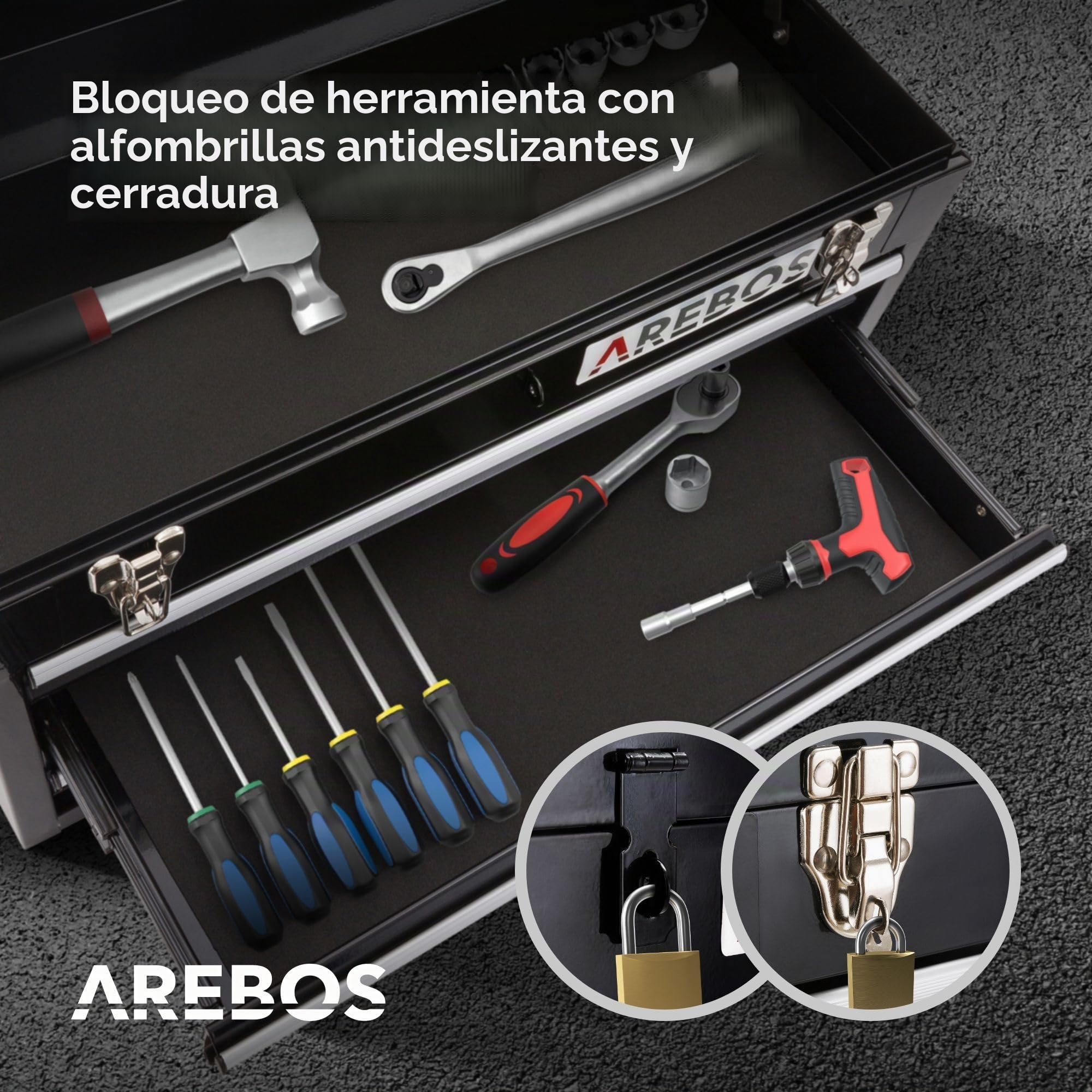 Arebos Caja de Herramientas | 3 Cajones | con Alfombras Antideslizantes | incl. Asa de Transporte y Cierres Rápidos | Negro