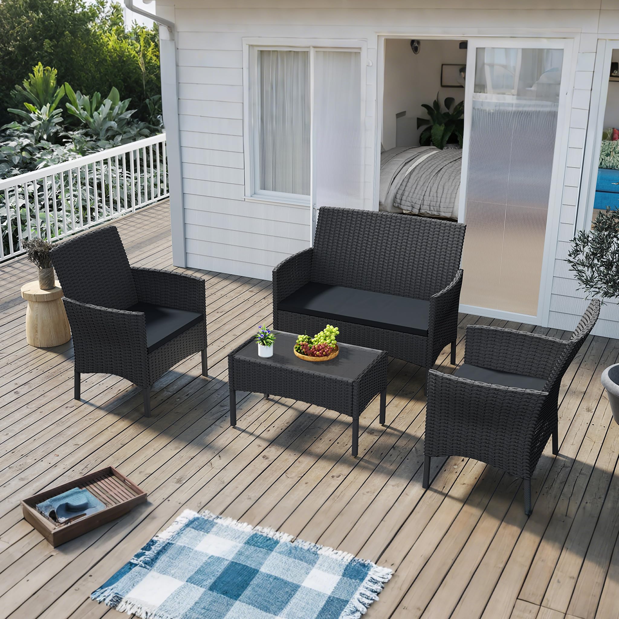 UISEBRT Juego de muebles de balcón – Juego de muebles de jardín de polirratán con sofá de 2 plazas, mesa, sillas individuales y cojines de asiento antracita, color negro