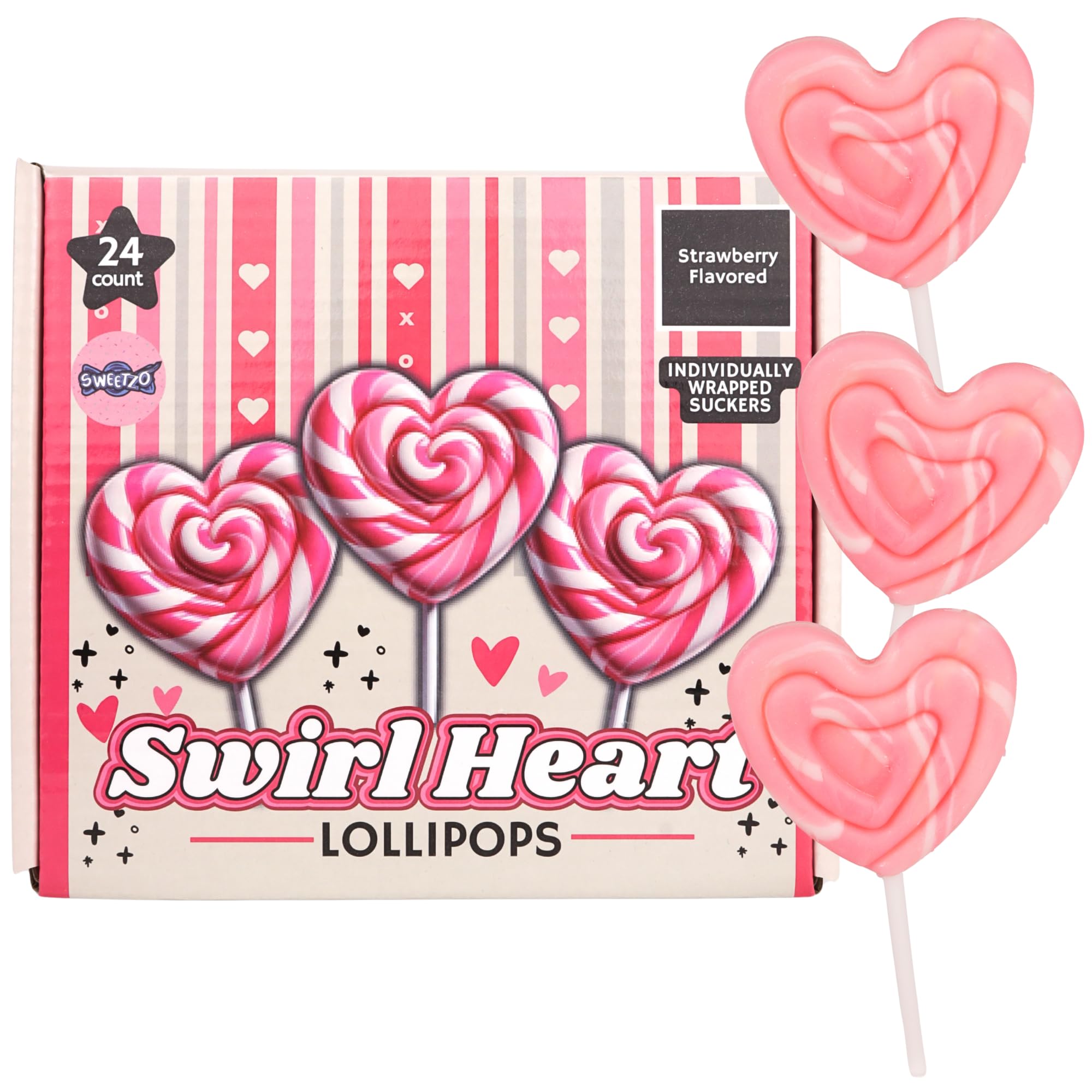 Sweetzo Swirl Lollipops, Individually Wrapped Suckers, Birthday Party Candy, Strawberry Flavored - 24 Pieces (Pink Heart)