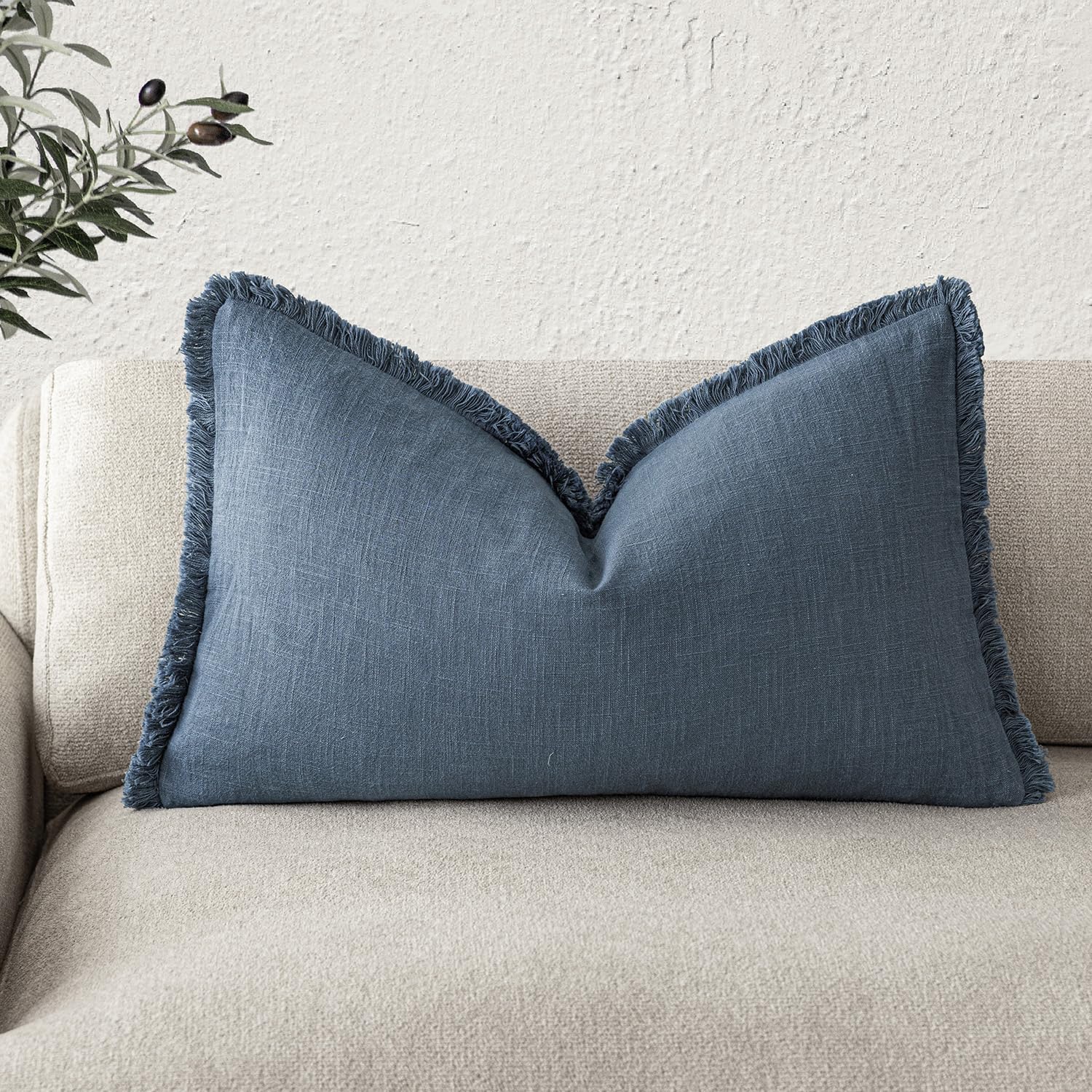 Foindtower Decorative Linen Fringe Lumbar Throw Pillow Covers Cozy Boho Farmhouse Cushion Cover with Tassel Accent Pillowcase for Sofa Bed Living Room Home Decor, 12×24 Inch,1PC,Dark Blue