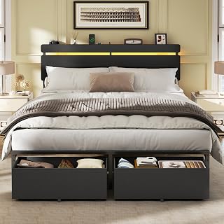 Forestell Queen Platform Bed Frame Black - Wood Headboard, 2 Storage Drawers, USB Charging Station, RGB LED Lights, No Box Spring