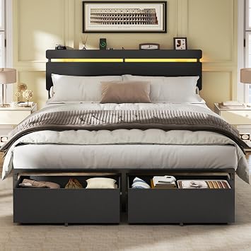Forestell Queen Bed Frame with Wood Headboard,2 Storage Drawers & Shelf | Built-in Charging Station & LED Lights, Metal Support, No Box Spring Needed, noise-free, easy assembly, Smart RGB, USB+Type-C