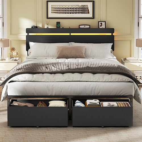 Forestell Queen Bed Frame with Wood Headboard, Black Platform Bed with 2 Storage Drawers & Shelf, Built-in Charging Station & LED Lights, Metal Support, No Box Spring Needed, Cama Queen Size