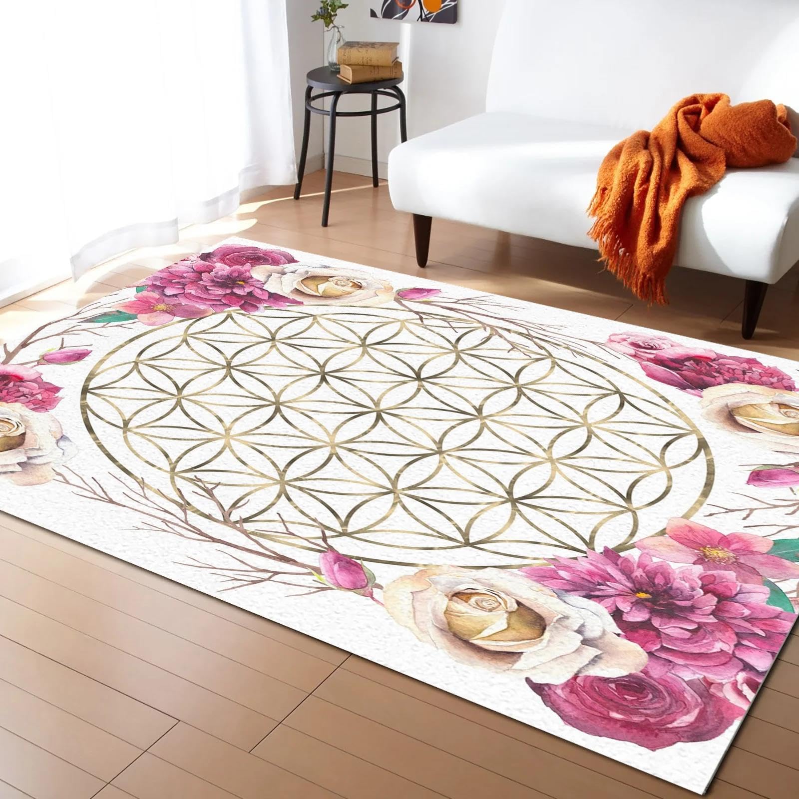 Tapis 3D Romantique Rose Fleur de Vie, Tapis de Porte de canapé, Salon Familial, Chambre à Coucher, Tapis de Sol antidérapant pour Jeu d'enfants