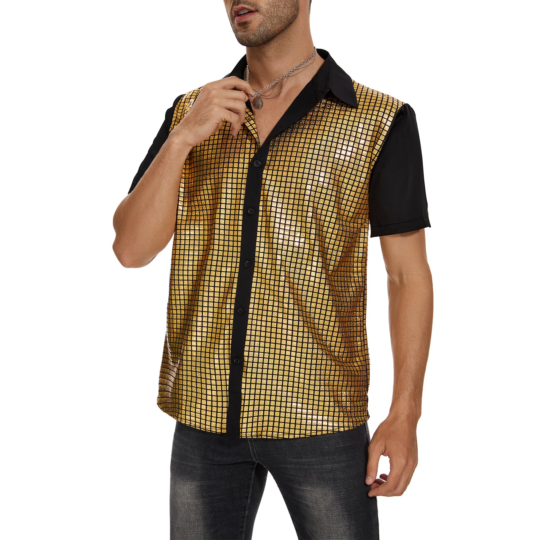 Zando Men's Sequin 70s 80s Disco Shirt - Retro Short Sleeve Button Up Costume Halloween New Year Party Outfit Top & Clubwear