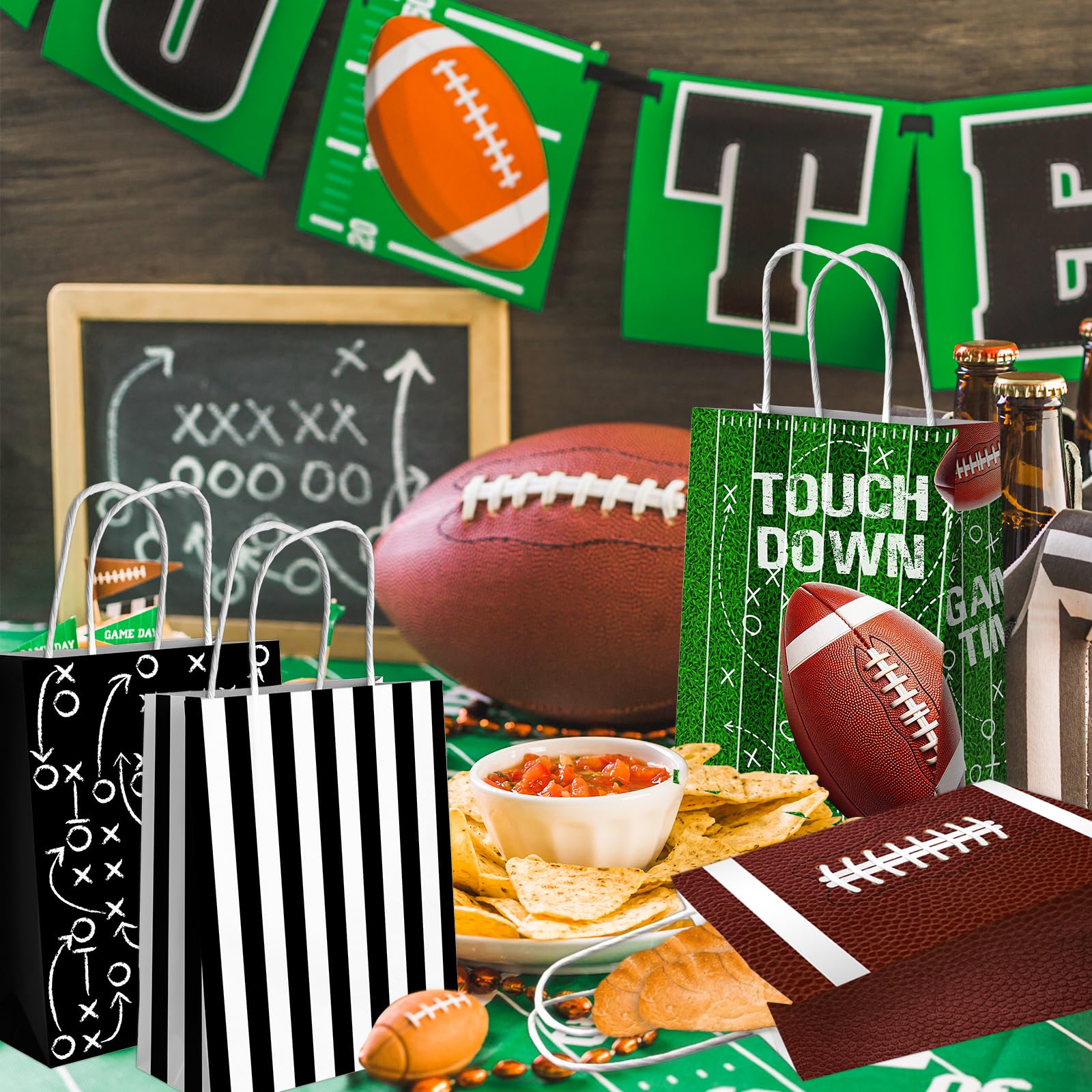Juweked 12Pcs Football Gift Bags With Handle - Paper Goodie Bags for Snacks, Party Favors, Treats - Touchdown Game Time Party Decor
