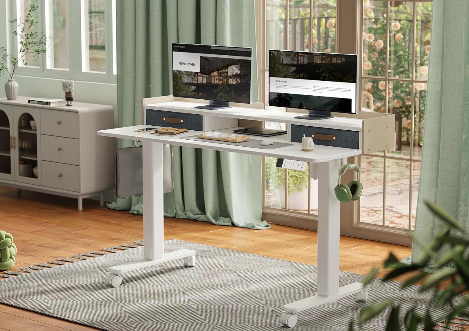 YDN Electric Standing Desk with Drawers, Adjustable Height Stand Up Desk, 59 inch Electric Sit Stand Computer Desk for Home Office, White