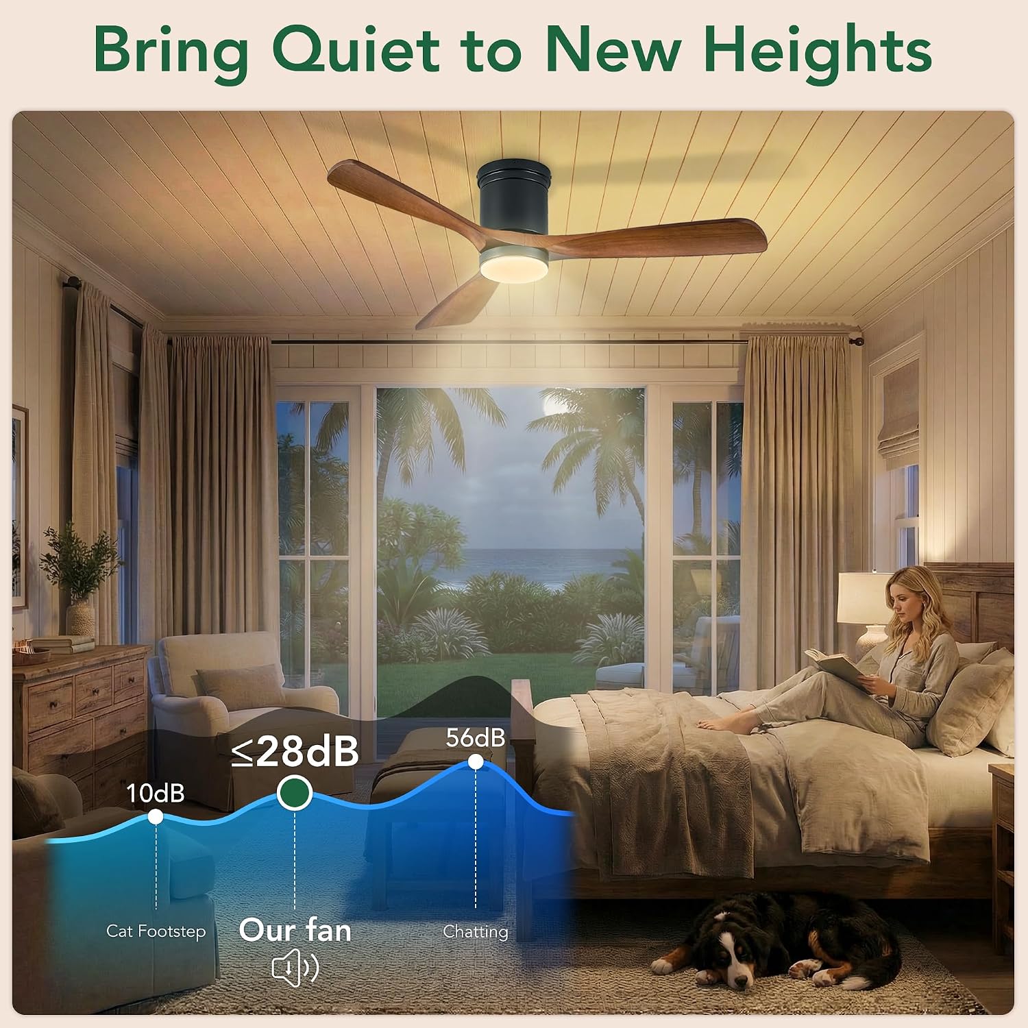 52 Inch Smart Flush Mount Ceiling Fans with Lights, Low Profile Ceiling Fan with Alexa&Remote Control, 3 Solid Wood Propeller Blades Modern Outdoor Ceiling Fans for Bedroom Living Room Patio