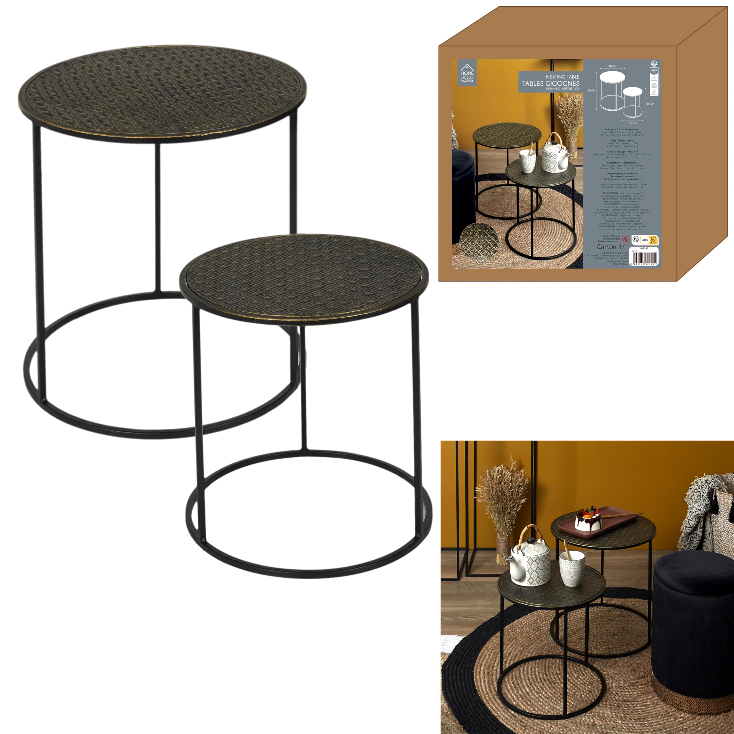 HOME DECO FACTORY - Lot de 2 Tables Gigognes Métal Martelé Mirage - Dimensions : Small 35 x 35 cm - Tall 40 x 40 cm