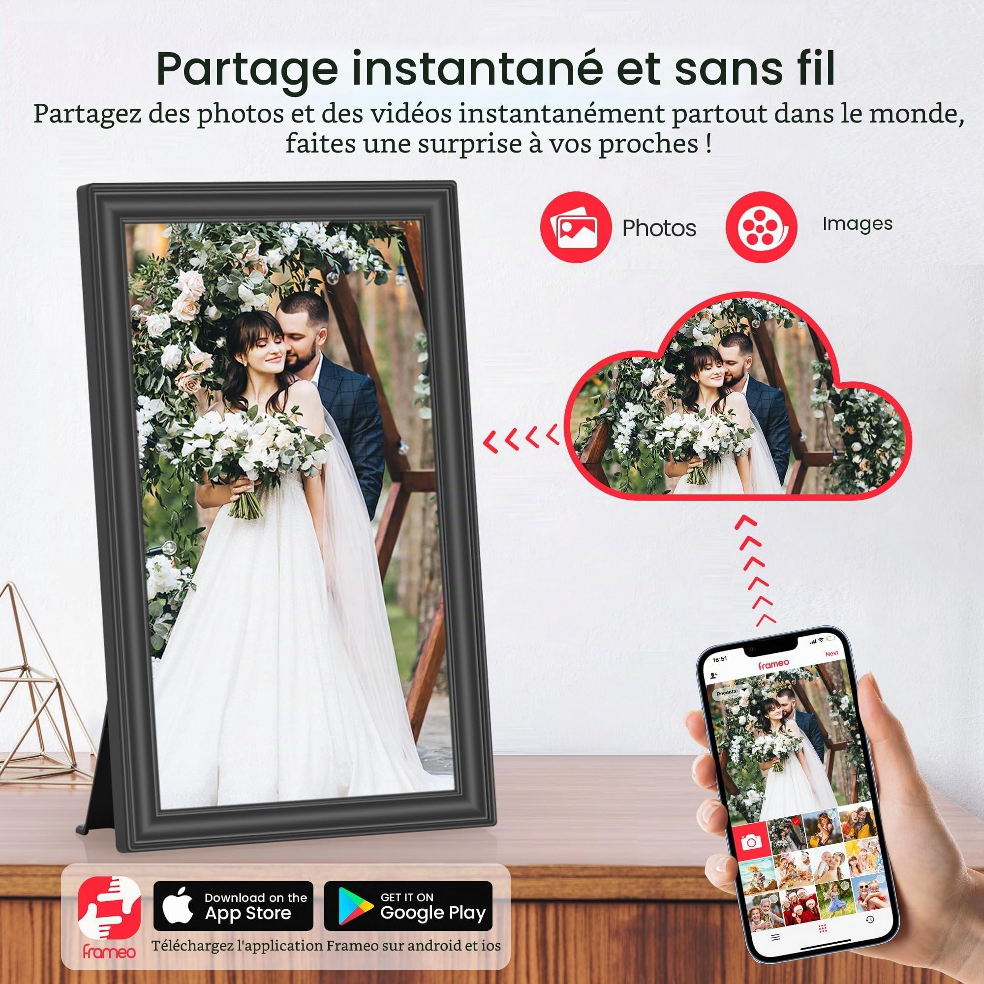 Frameo Cadre photo numérique WiFi Noir 64 Go 15,6" 1920 x 1080p FHD IPS Grand cadre photo électronique Rotation automatique Montage mural Partage de photos et vidéos
