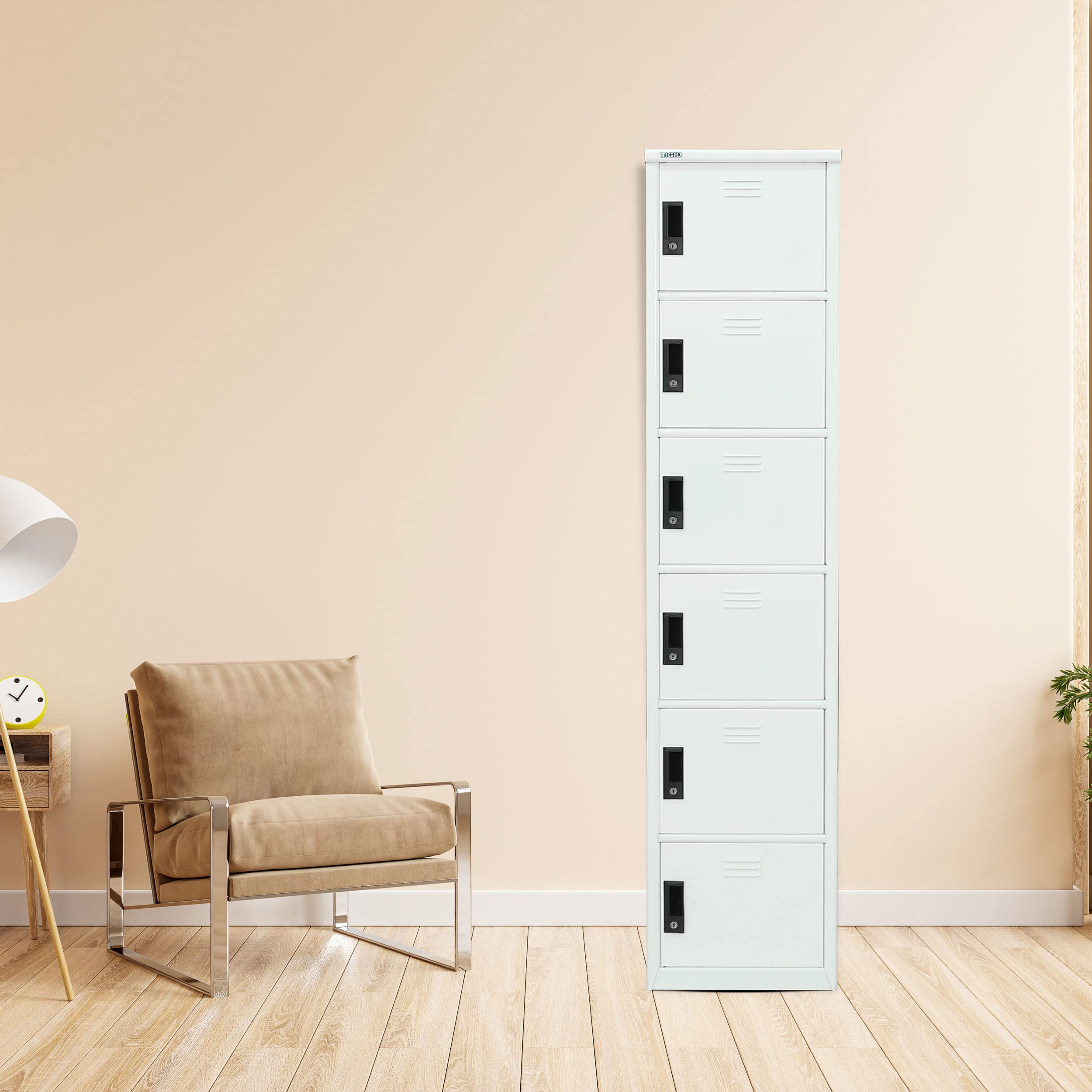 RIGID 6-Door Curved Steel Locker | Lockable Metal Storage Cabinet with 6 Compartments & Ventilation for Home, Office, Gym, School & Hospital (White, 180H x 38W x 46.5D CM), Pre-Assembled