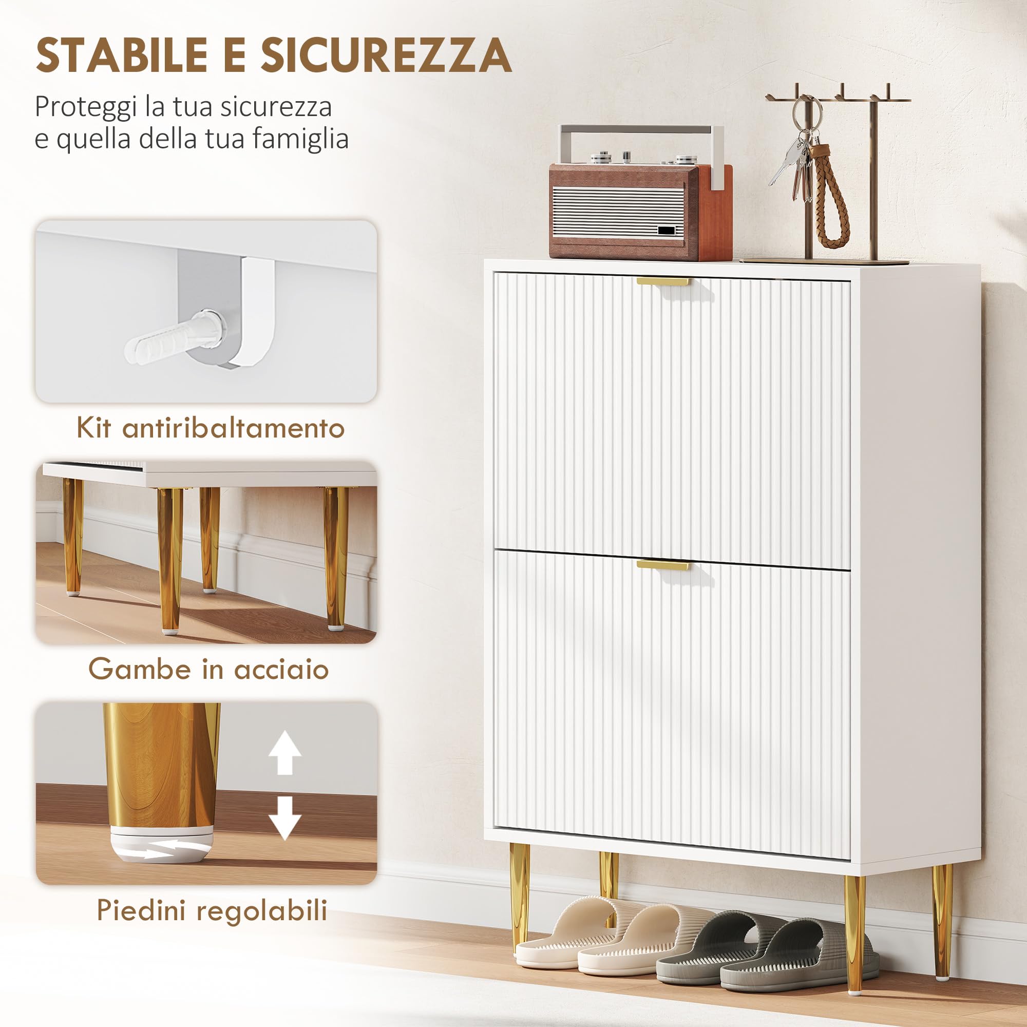 HOMCOM Scarpiera Salvaspazio Slim con 2 Ante Scanalate a Ribalta, Scarpiera Ingresso Moderna in Legno con Ripiani Regolabili su 2 Livelli, Porta Scarpe per 12 Paia con Maniglia, 60x24x91.5 cm, Bianco