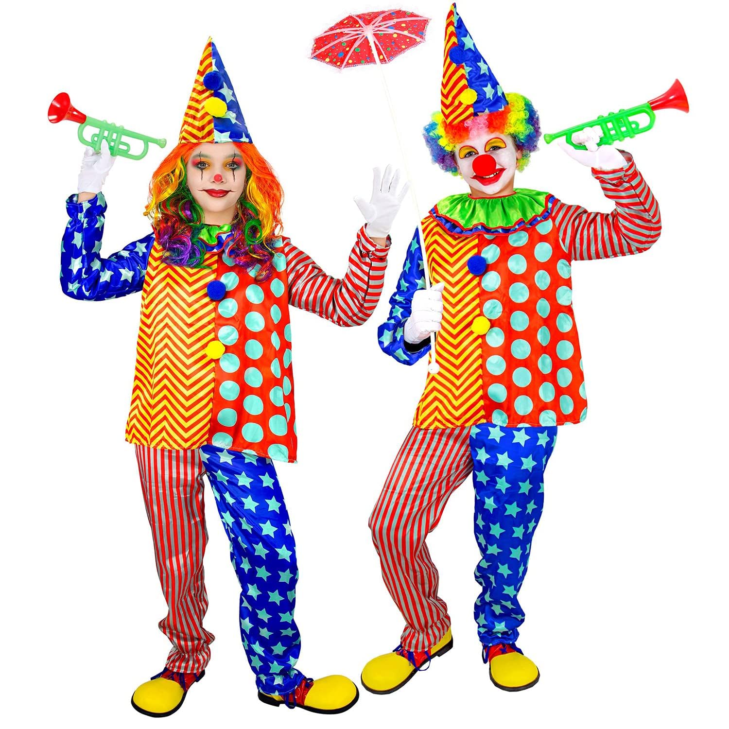 Widmann - Children's clown costume, top with collar, trousers, hat, circus, fun, theme party, carnival