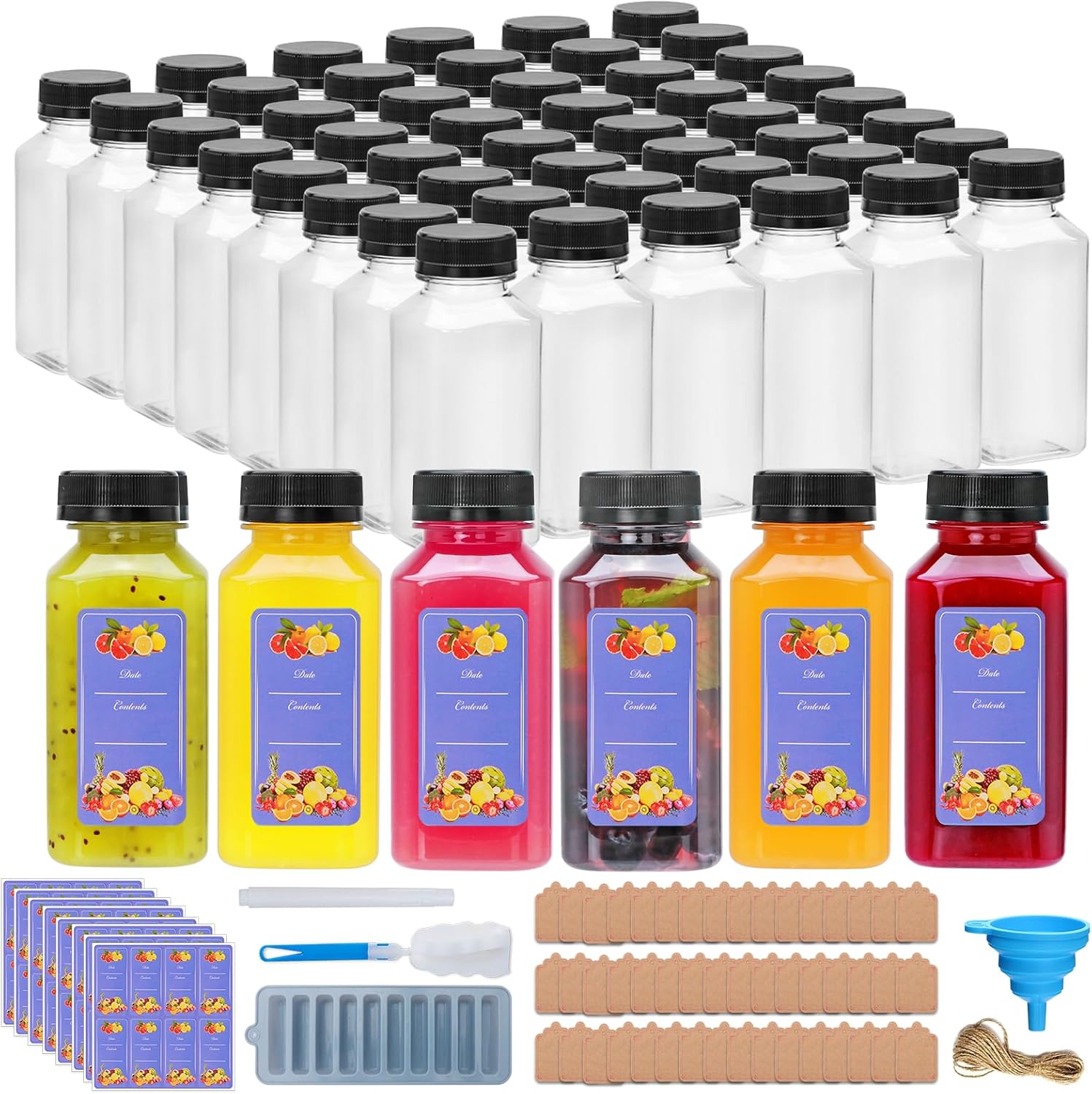 8oz Plastic Juice Bottles with Caps,Plastic Bottles with Black Tamper Proof Lids,Reusable Juice Containers for Juicing,Milk,Hot Sauce,Kombucha,Oil,Ginger Jar,Portable Travel Bottle,Smoothies,54PCS 8oz-54pcs