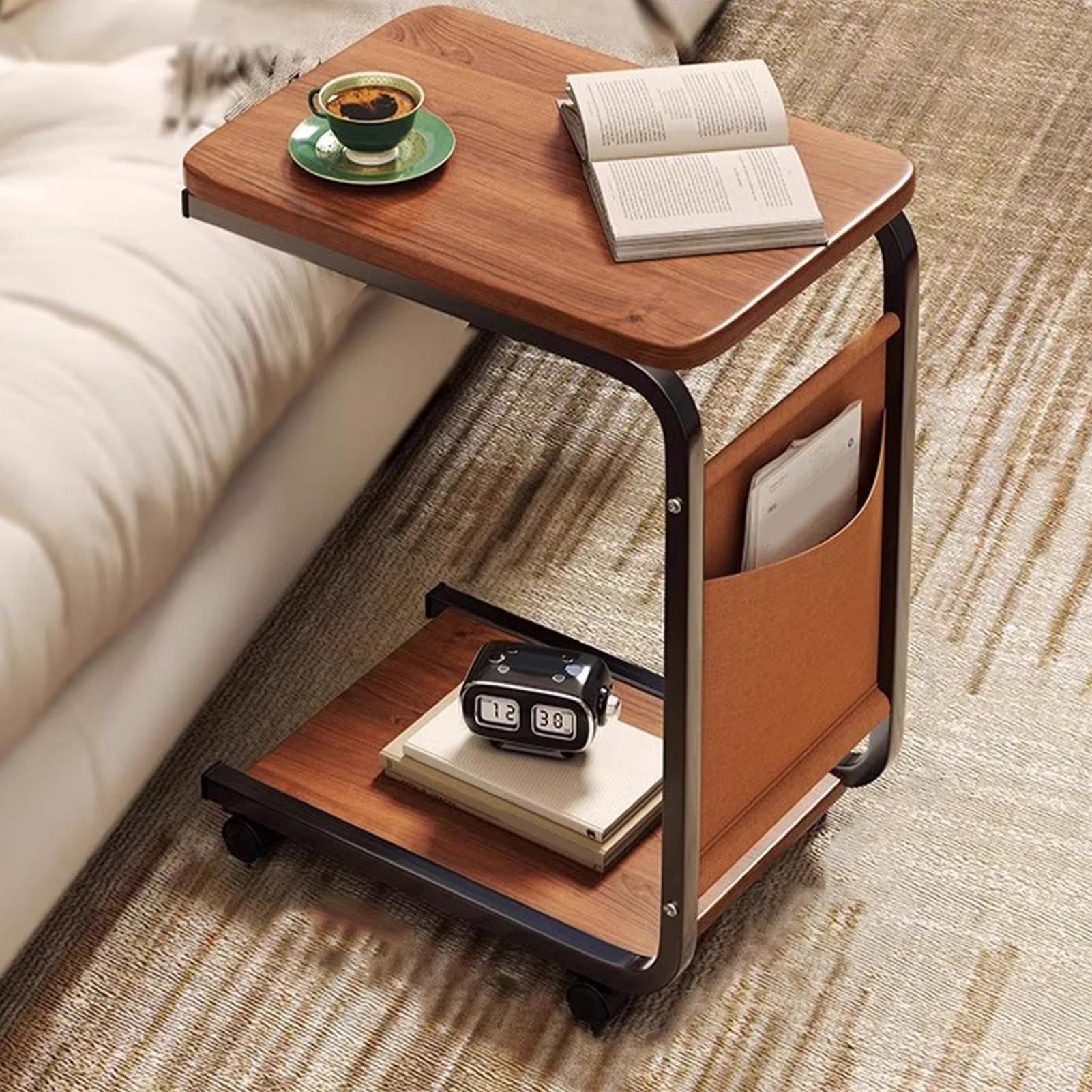 C-Sd - Mesa auxiliar rodante, mesa C de doble capa con ruedas, versátil mesa auxiliar pequeña para sala de estar y dormitorio, elegante mesa móvil para sofás y sillas
