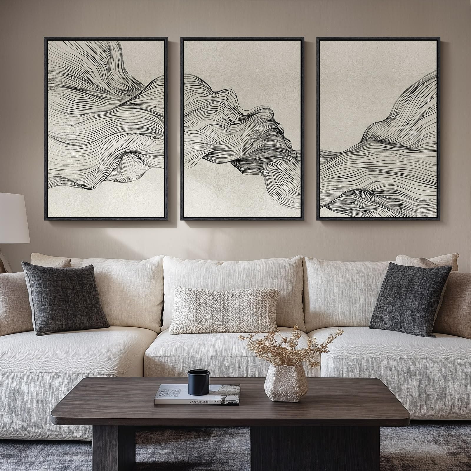 Large Framed Black and Beige Neutral Abstract Wall Art for Living Room, 3 Piece Modern Canvas Prints Paintings Artwork for Walls, Minimalist Lines Pictures for Hallway Stair Office Wall Decor 24x36 In