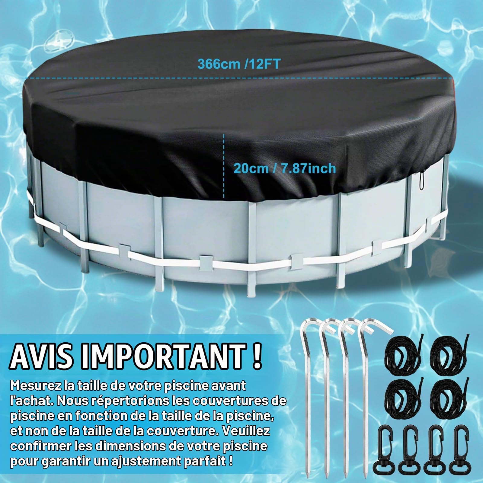 Housse de Protection Piscine Ronde Extérieure 210d Oxford 366x20cm - Bâche Imperméable Anti-Poussière Anti-UV Résistance aux Intempéries, Bâche Protection Piscine