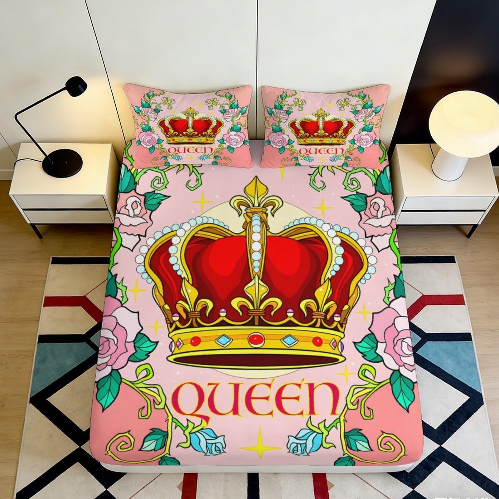 3D Printed Crown Queen Fitted Sheet Microfiber Pink Royal Bed Cover for Bedroom Guest Room Decor Easy Care 90x200x25cm