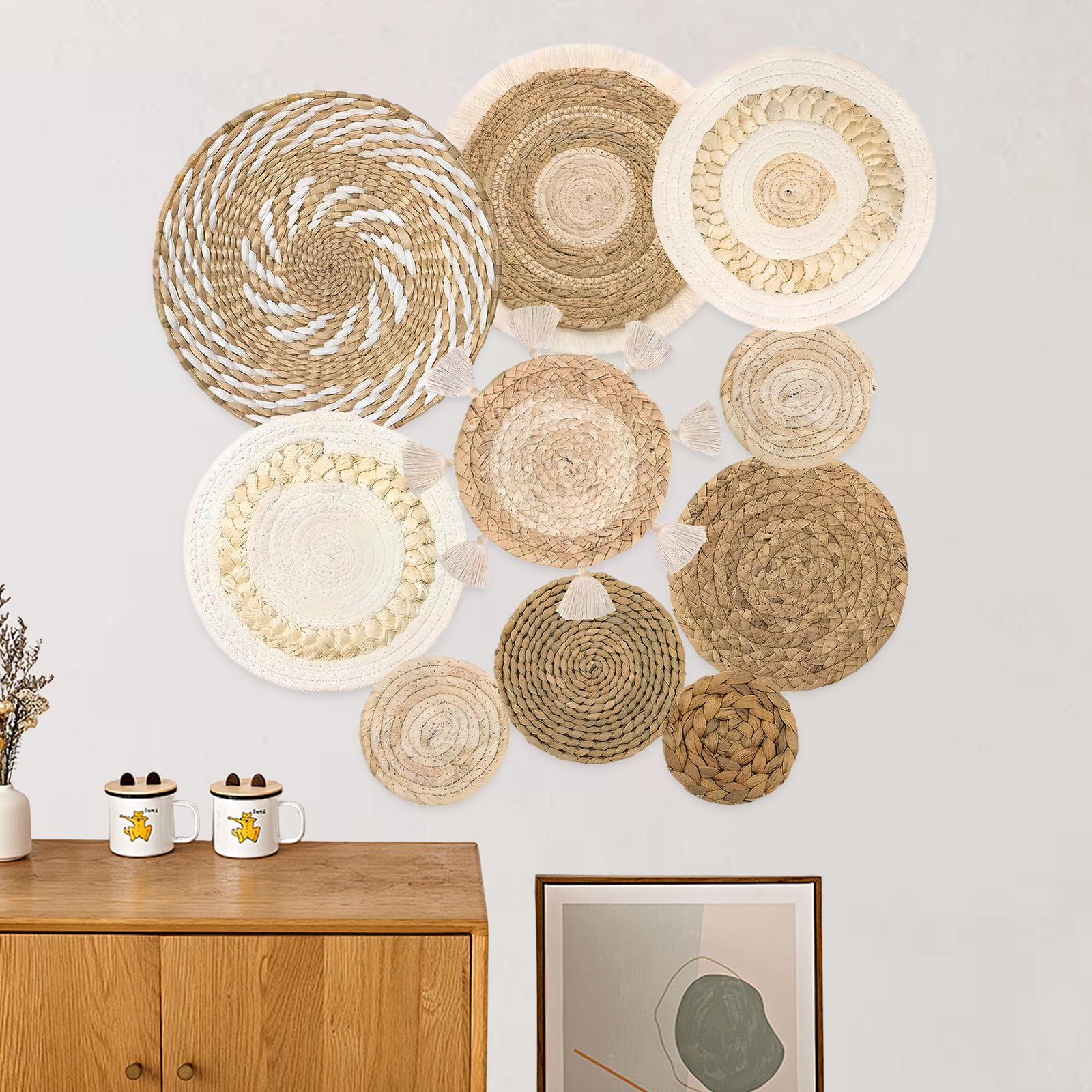 DecorDwell - Cesta de pared bohemia a mano, mimbre, decoración de pared, de ratán redondo, de ratán redondo, decoración de pared, conjuntos de mesa para comedor, dormitorio, oficina (paquete de 10)