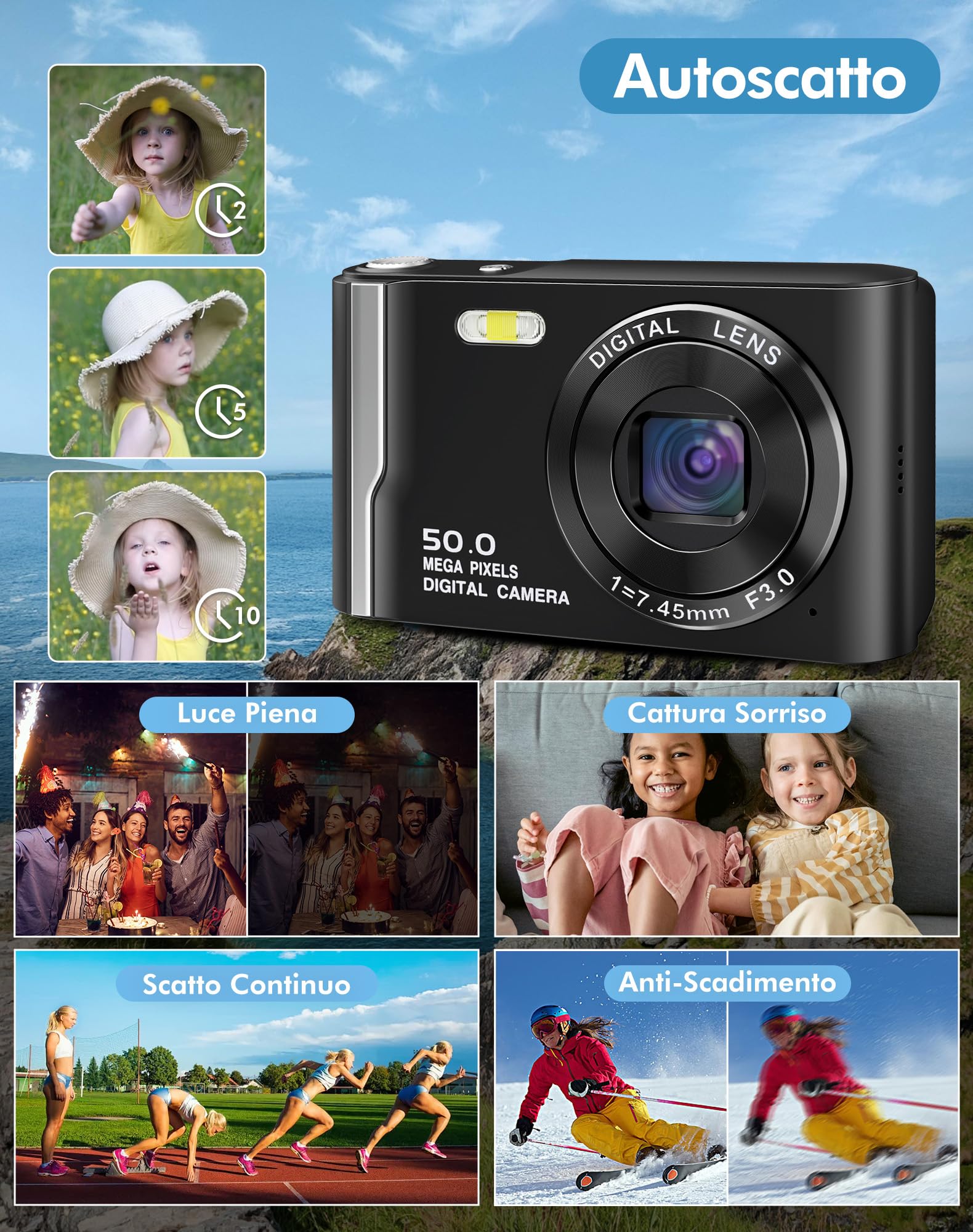 Macchina Fotografica Digitale 4K 50MP con Zoom 16X,Fotocamera Digitale Compatta con Schermo da 2.8" IPS,Anti-Scossa,Scheda 32GB e Funzione Webcam - Macchina Fotografica Perfetta per Bambini e Princ
