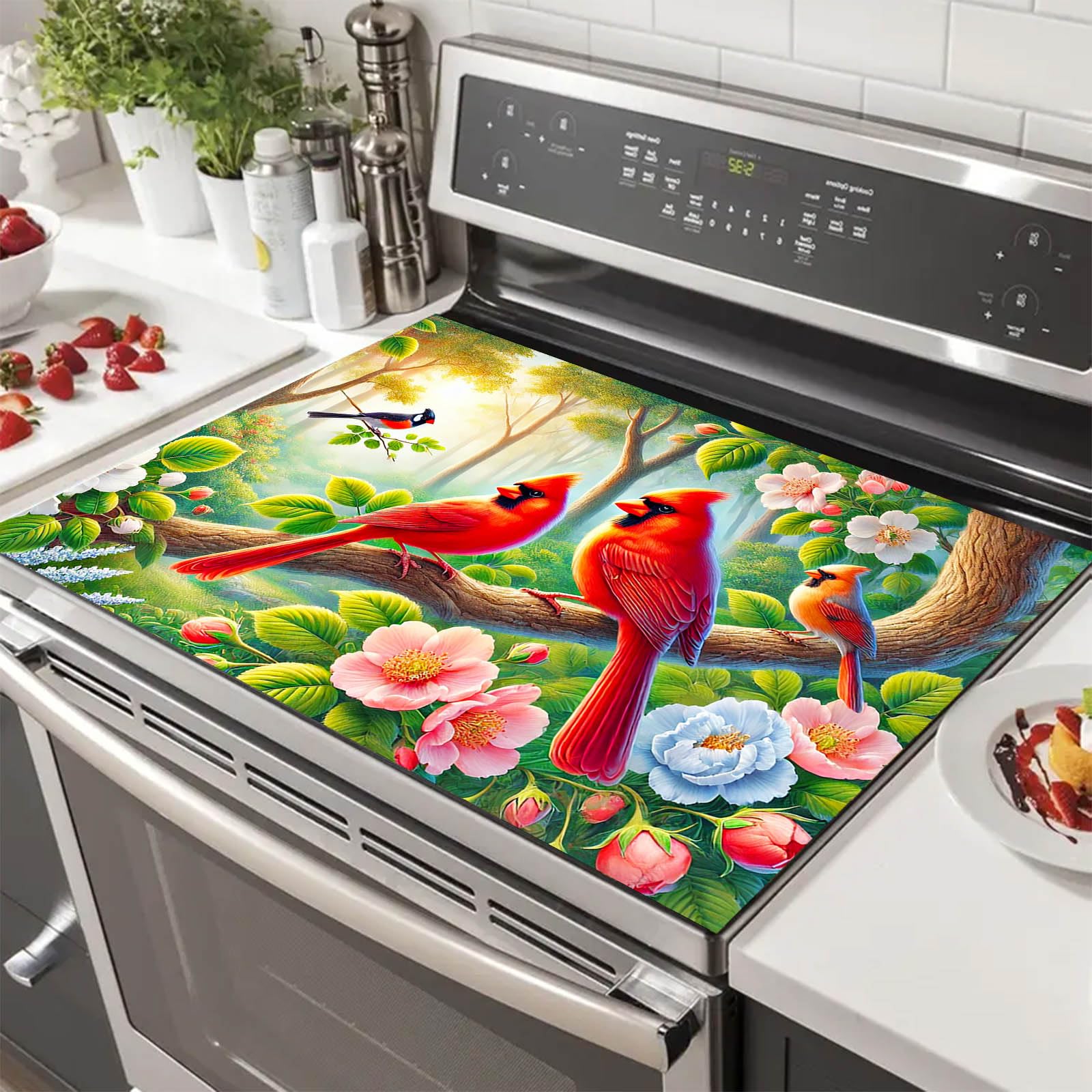 HOMETITUTE Forest Bird Stove Top Covers for Electric Stove 28x20 Inches Decorative Glass Cooktop Pad Heat Resistant Stovetop Cover Kitchen Countertop Mat for Sinks and Worktops Made with Diatomite