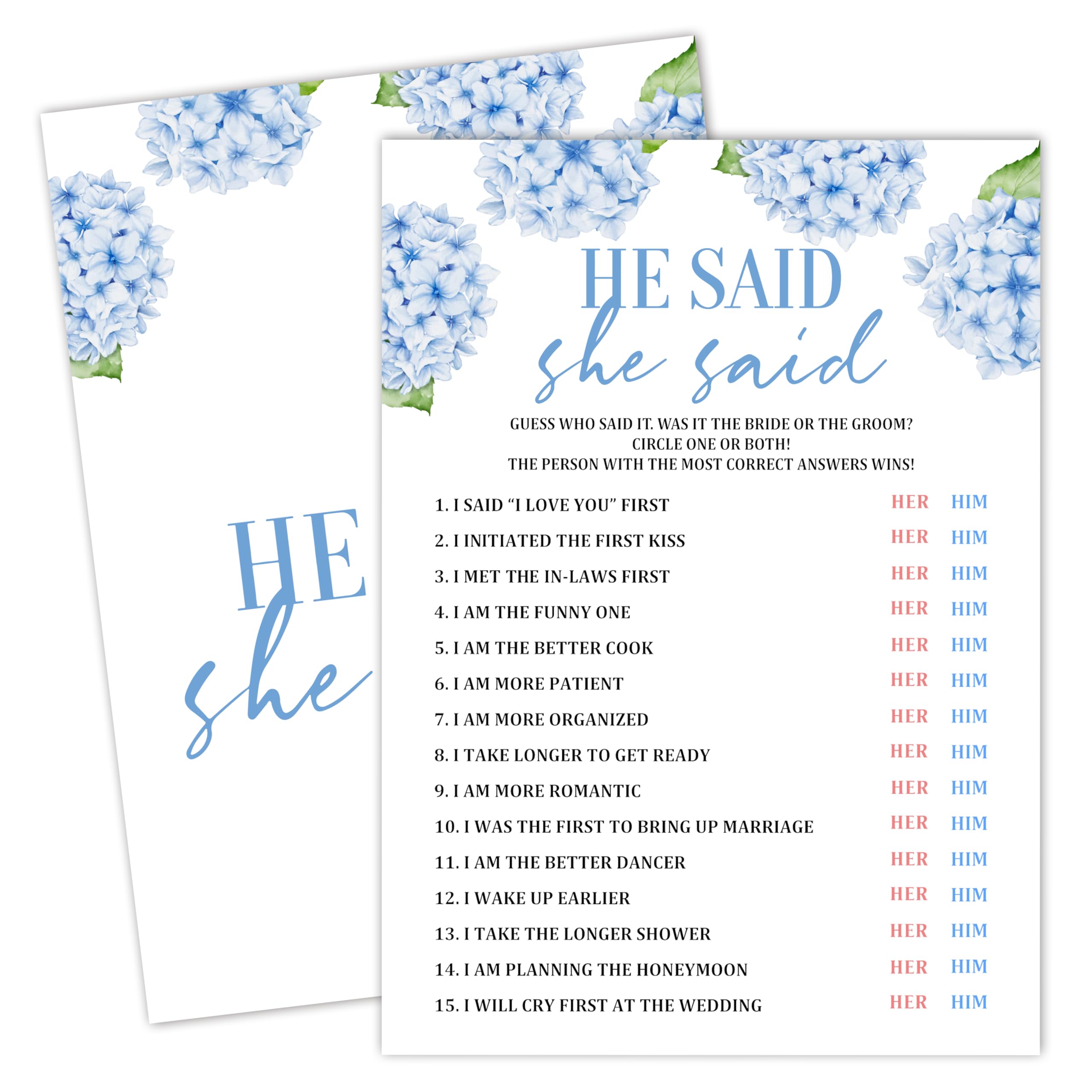 Bridal Shower Games, Blue Hydrangea Wedding Shower Game Cards, Bachelorette Party Games For Bride Groom Newlyweds Couples, Engagement Wedding Party