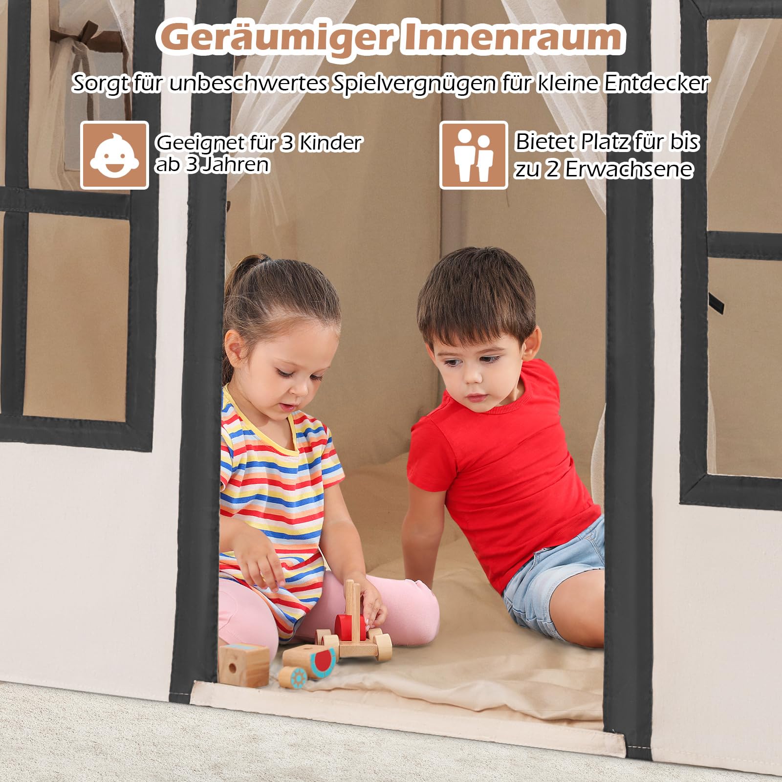 COSTWAY Kinderspielhaus mit Sternenlichtern, Prinzessin Prinzess Kinderzelt mit Fenstern & Netzvorhängen, Kinderspielzelt Spielzelt Spielhaus für Jungen und Mädchen (Beige)