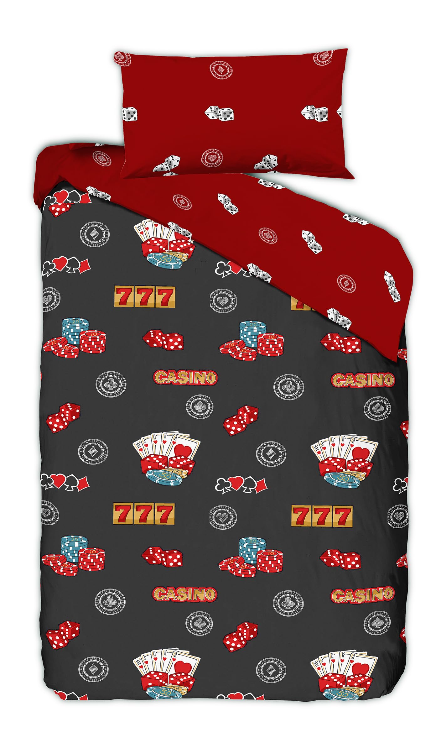 Charlotte Andersen Men's Red, Blue, Grey, Green, Black Casino Single Duvet Cover Bedding Set Reversible – Soft Microfibre Bedding For Boys Poker, Dice, Cards & 777 Design Casino Bedding Gift For Birthday, Christmas & Father’s Day (Casino, Single)