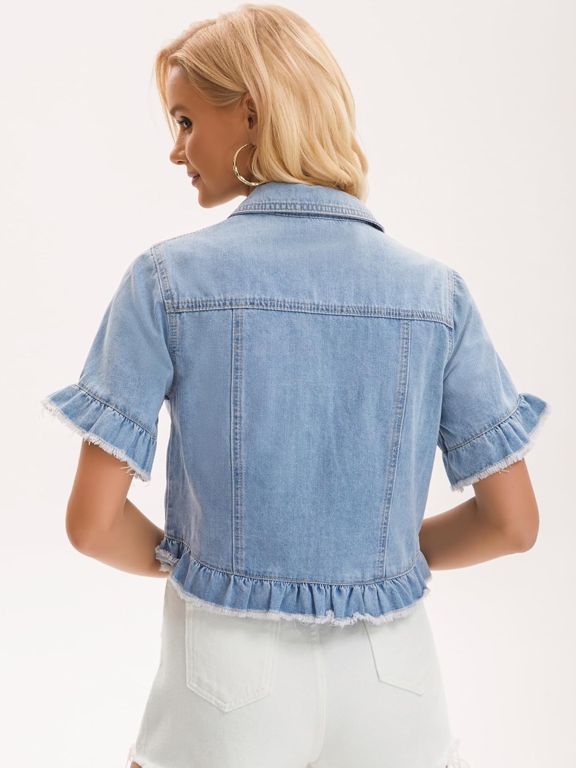 Women's Short Sleeve Denim Jacket Button Down Lightweight Ruffle Jean Jacket - Image 5