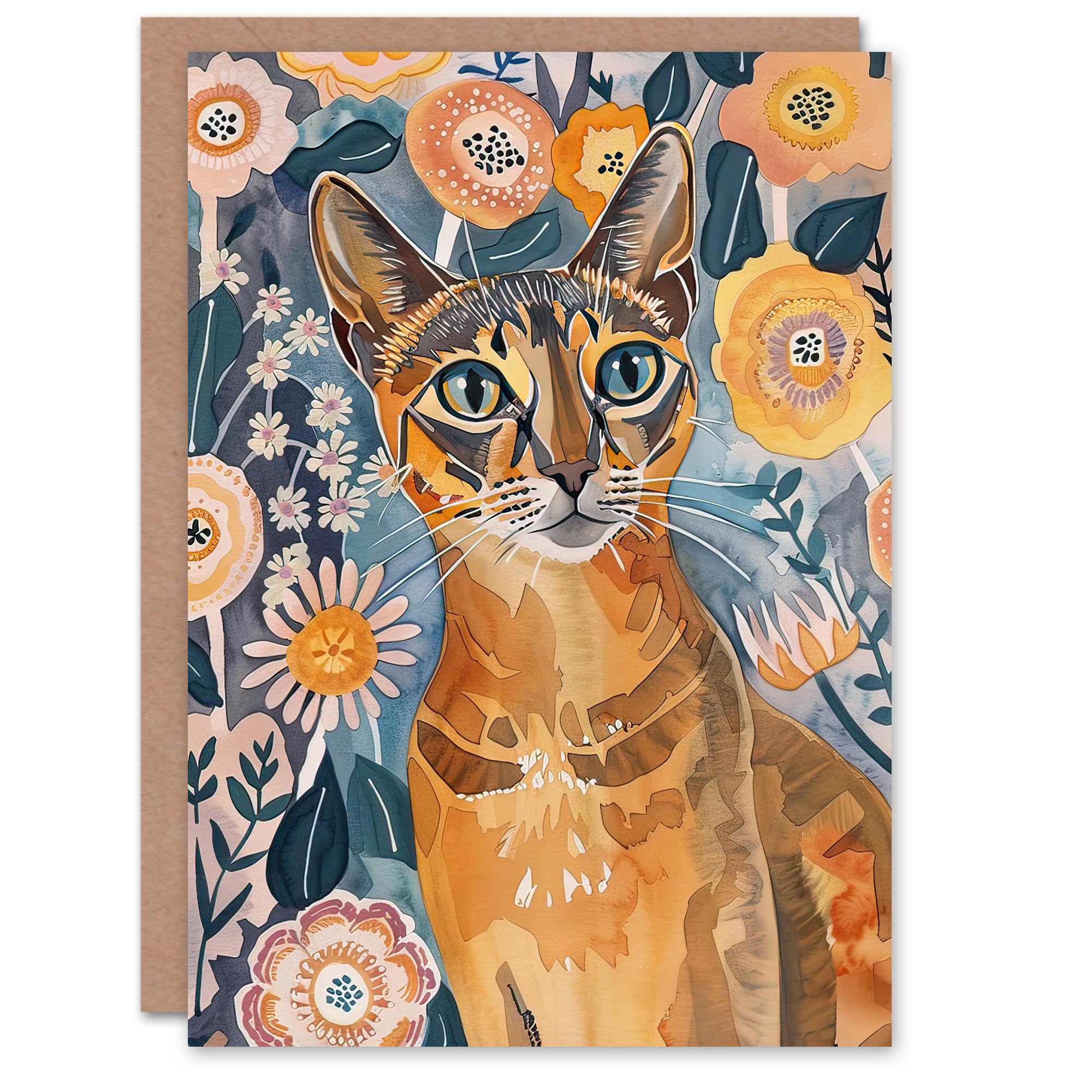 Artery8 Greeting Card Cat Lover Abyssinian Floral Watercolour Folk Art For Her Woman Birthday Card