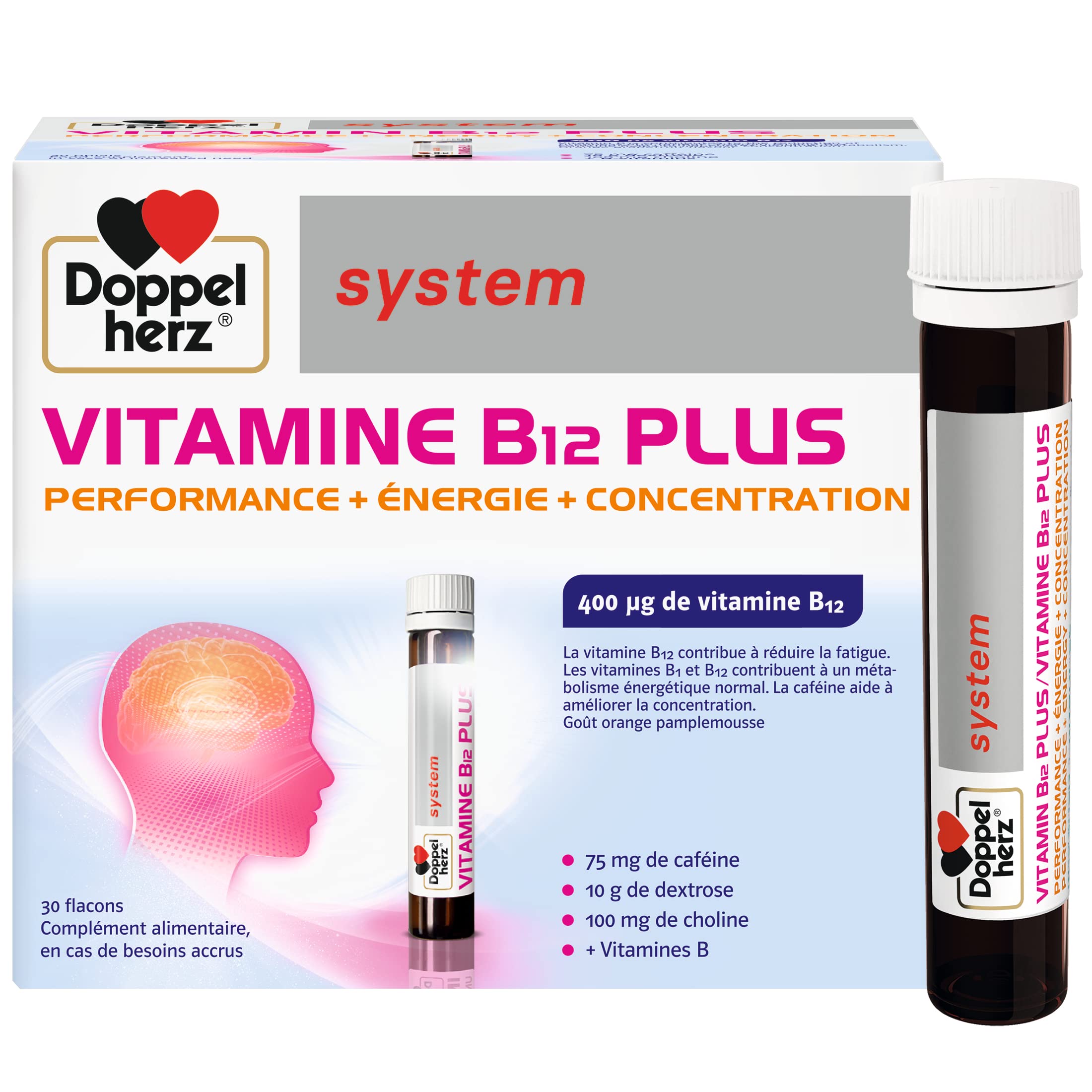 Doppelherz system VITAMINE B12 PLUS, Complément alimentaire, Performance, Énergie et Concentration, Goût Orange et Pamplemousse, 30 flacons de 25 ml