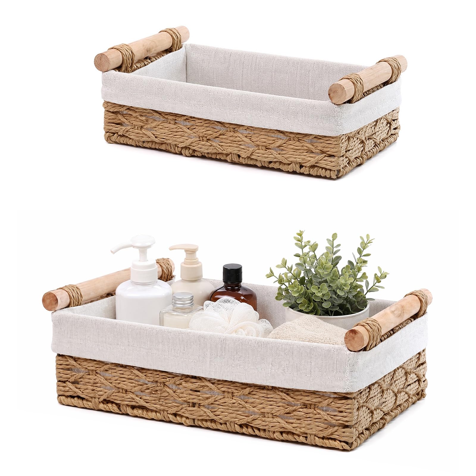 2pcs Toilet Roll Basket, Woven Straw Organizer Bins Wooden Handles Decor