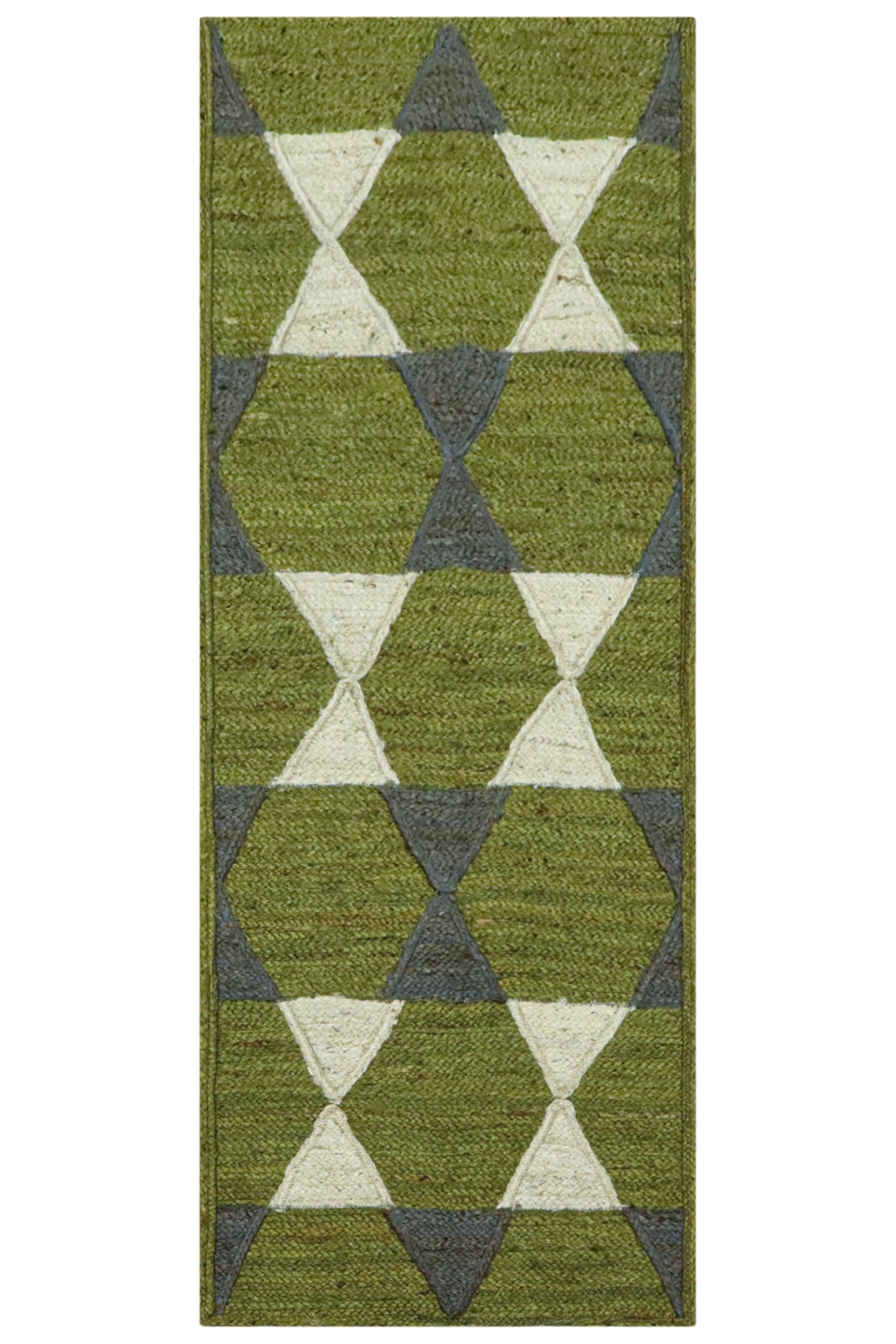 Tapis indien en fibre naturelle vert multicolore géométrique salon 0,9x2,4m